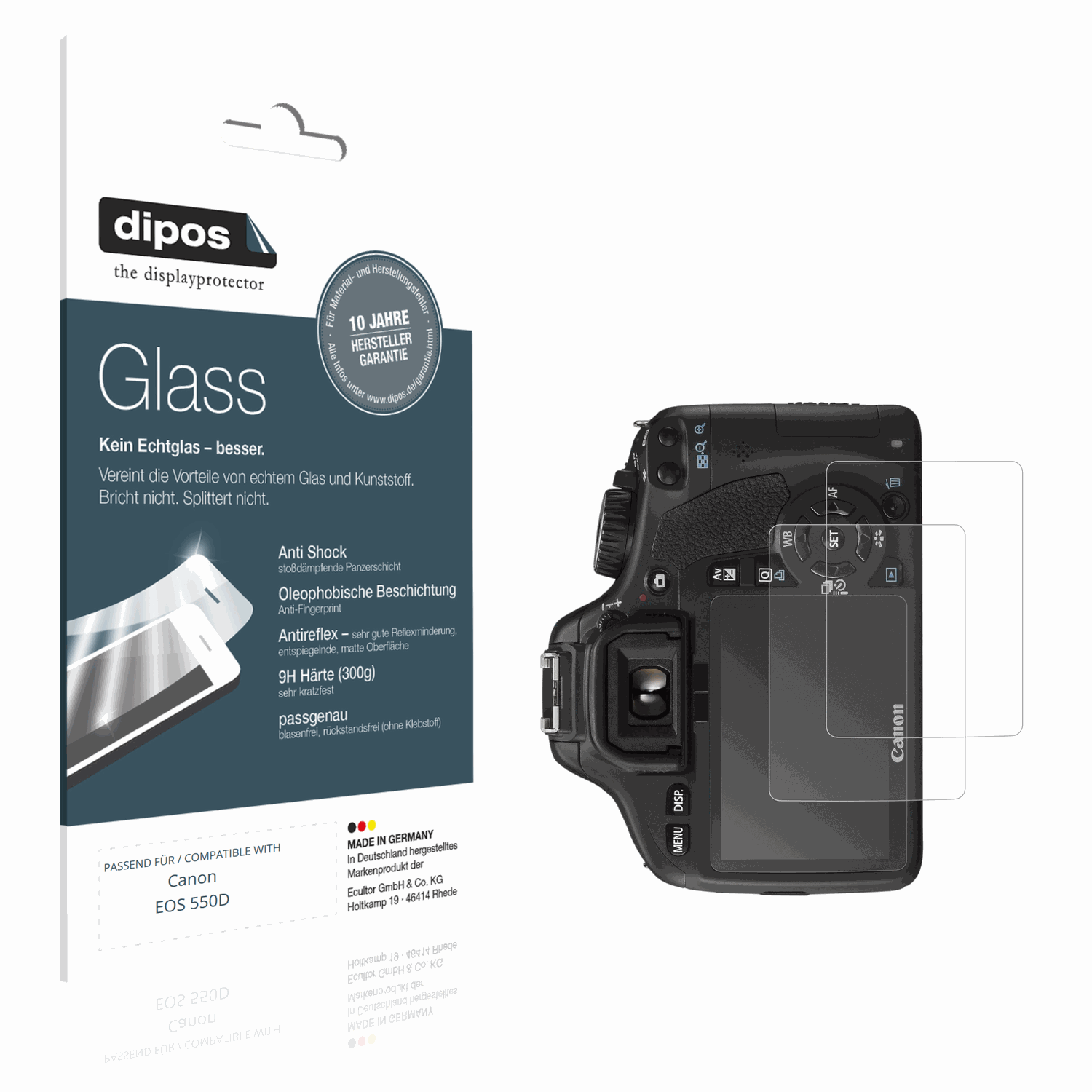 Matte Displayschutzfolie von dipos passend für Canon EOS 550D, 9H kratzfest und blasenfrei montiert