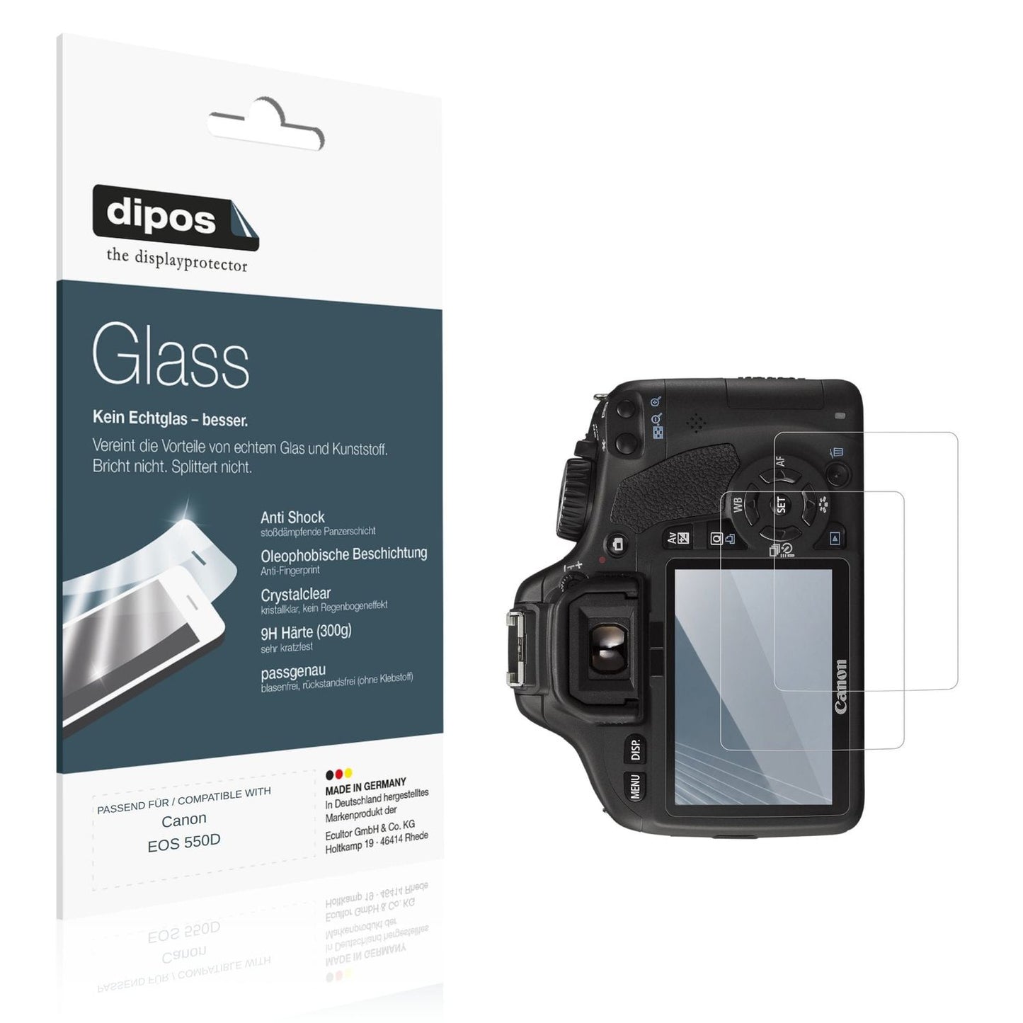 Klare Displayschutzfolie von dipos passend für Canon EOS 550D, 9H kratzfest und blasenfrei montiert
