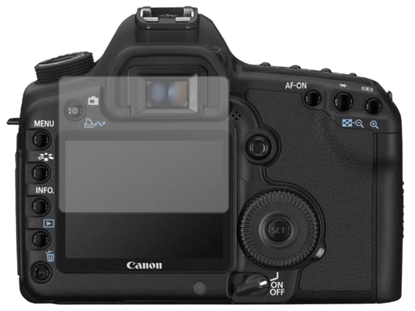 CanonEos 5D Mark II mit aufgebrachter dipos Displayschutzfolie, die lästige Fingerabdrücke minimiert
