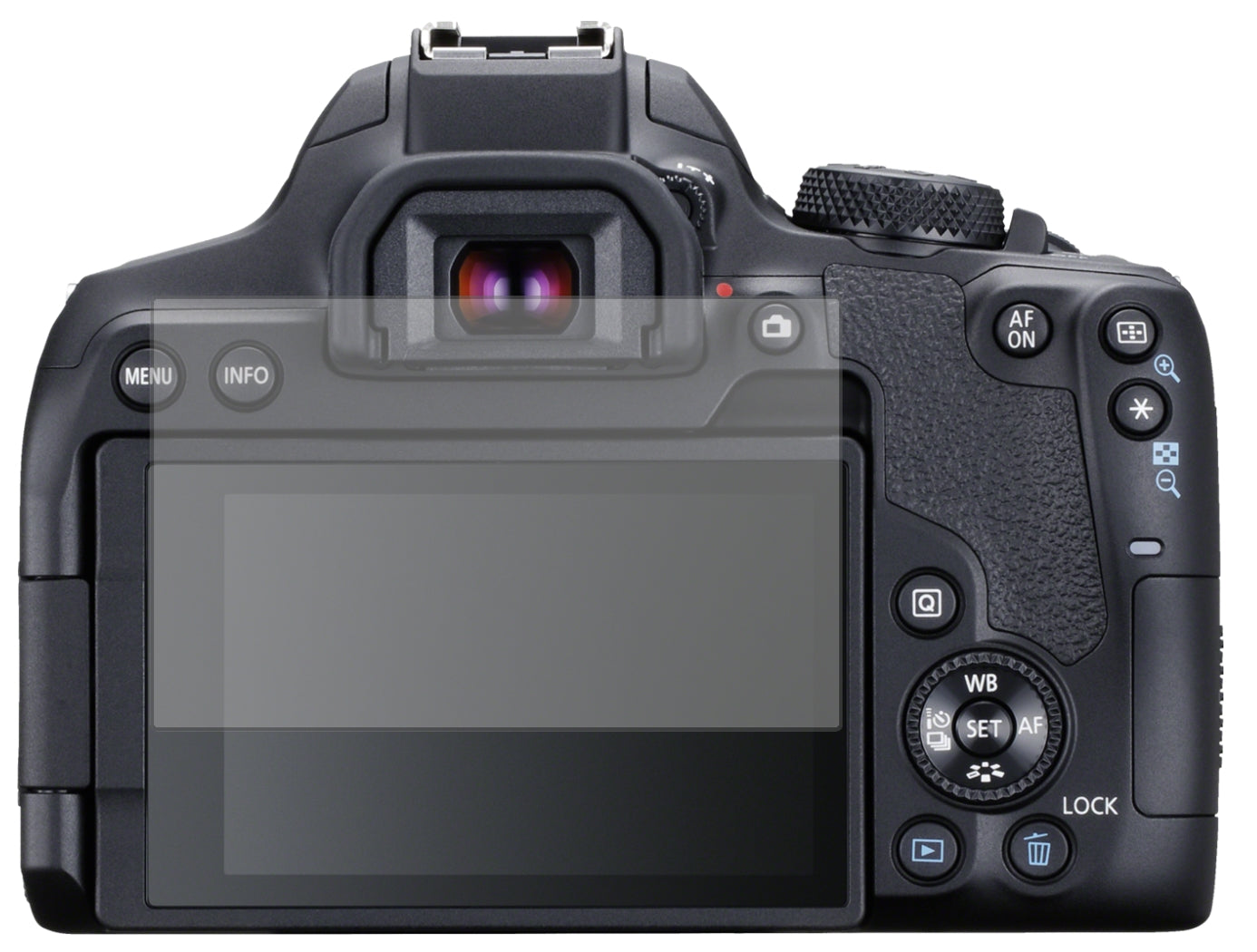 CanonEOS 850D mit aufgebrachter dipos Displayschutzfolie, die lästige Fingerabdrücke minimiert