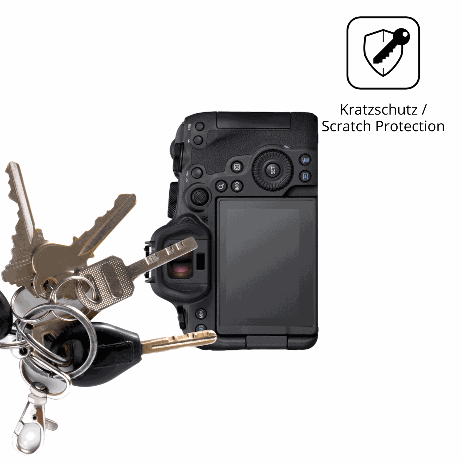 Schutz gegen Kratzer auf dem Canon EOS R6 Mark II Glas durch Schlüssel oder Ähnliches