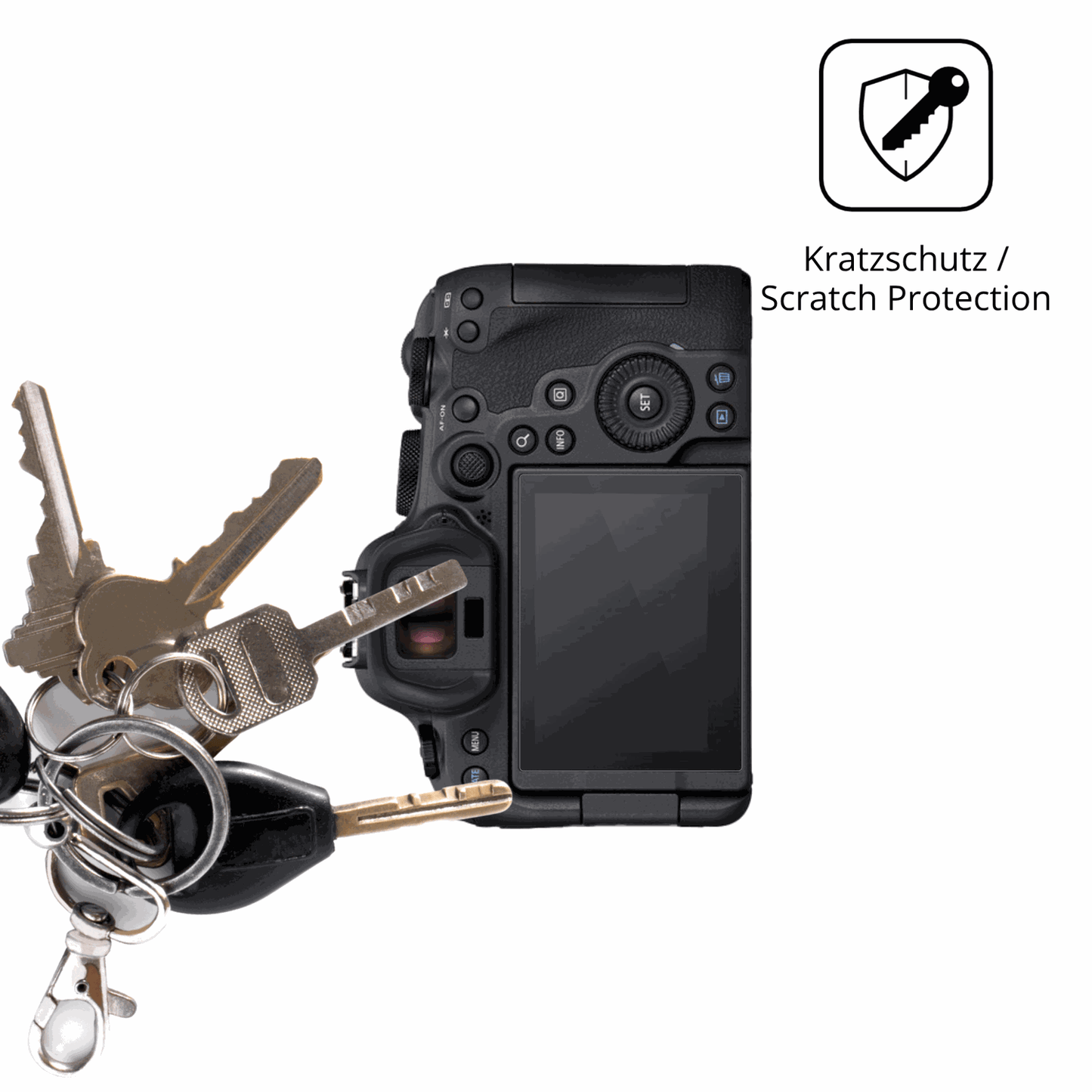 Schutz gegen Kratzer auf dem Canon EOS R6 Mark II Glas durch Schlüssel oder Ähnliches