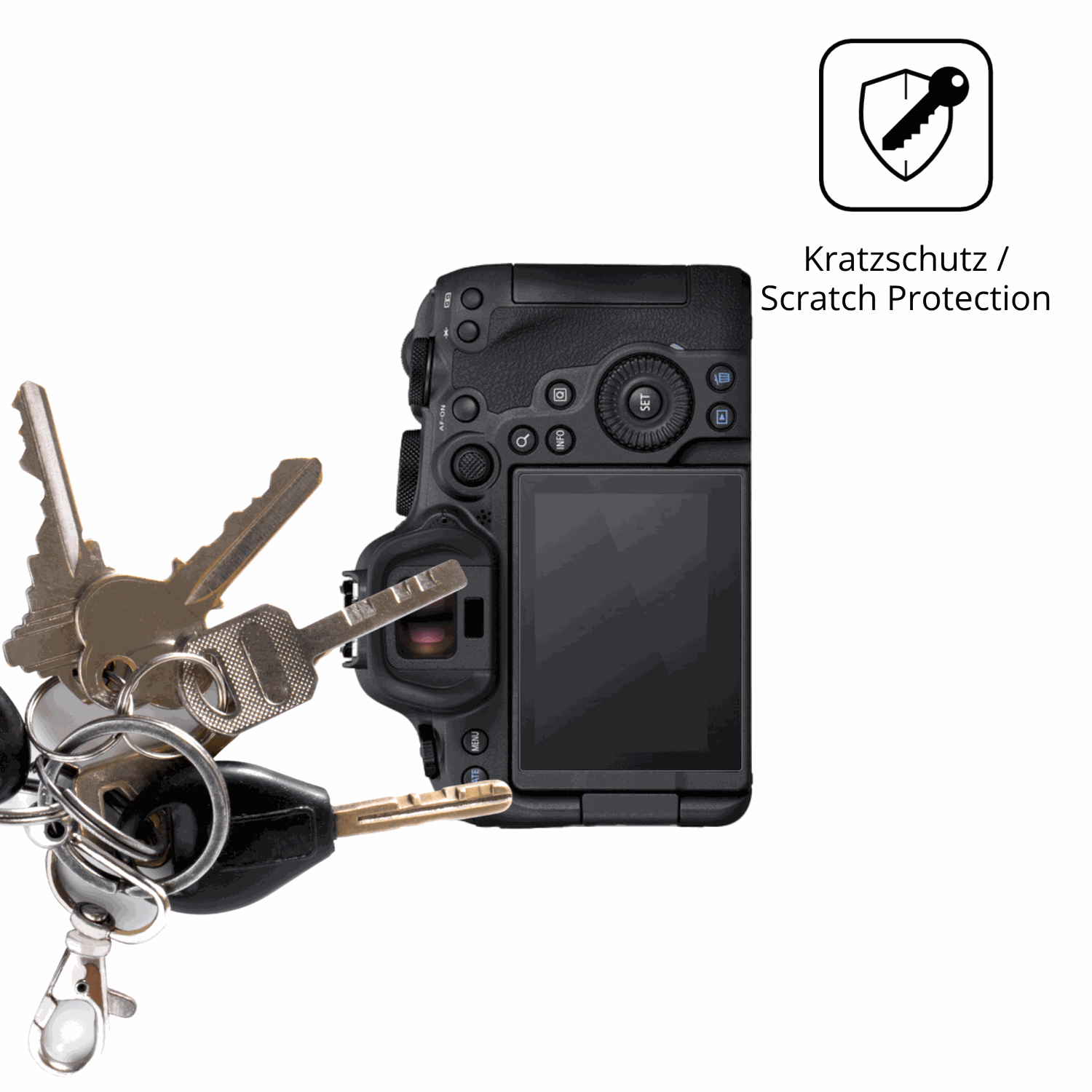 Schutz gegen Kratzer auf dem Canon EOS R6 Mark II Glas durch Schlüssel oder Ähnliches