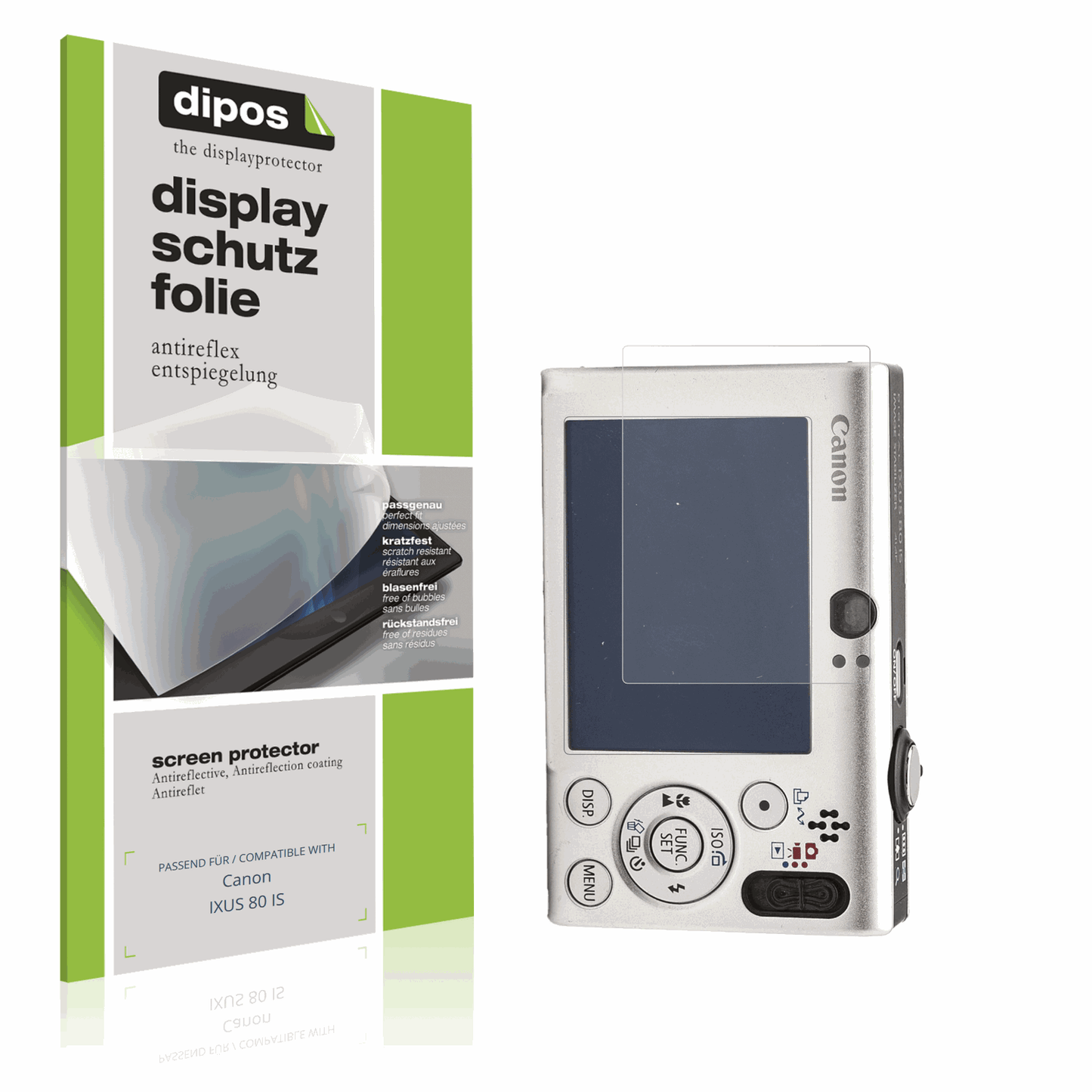 Matte Displayschutzfolie von dipos passend für Canon IXUS 80 IS, präziser Zuschnitt und blasenfrei montiert