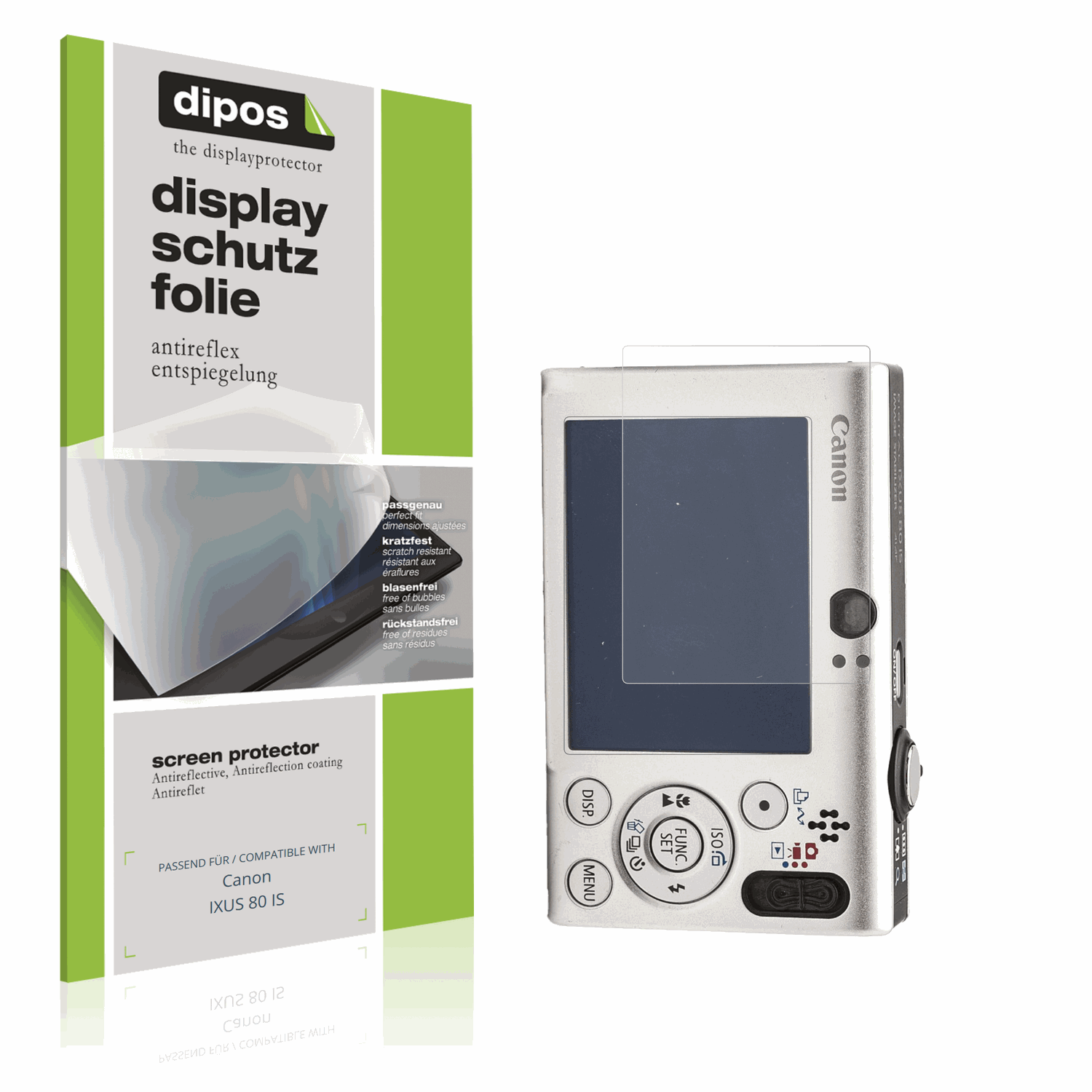 Matte Displayschutzfolie von dipos passend für Canon IXUS 80 IS, präziser Zuschnitt und blasenfrei montiert