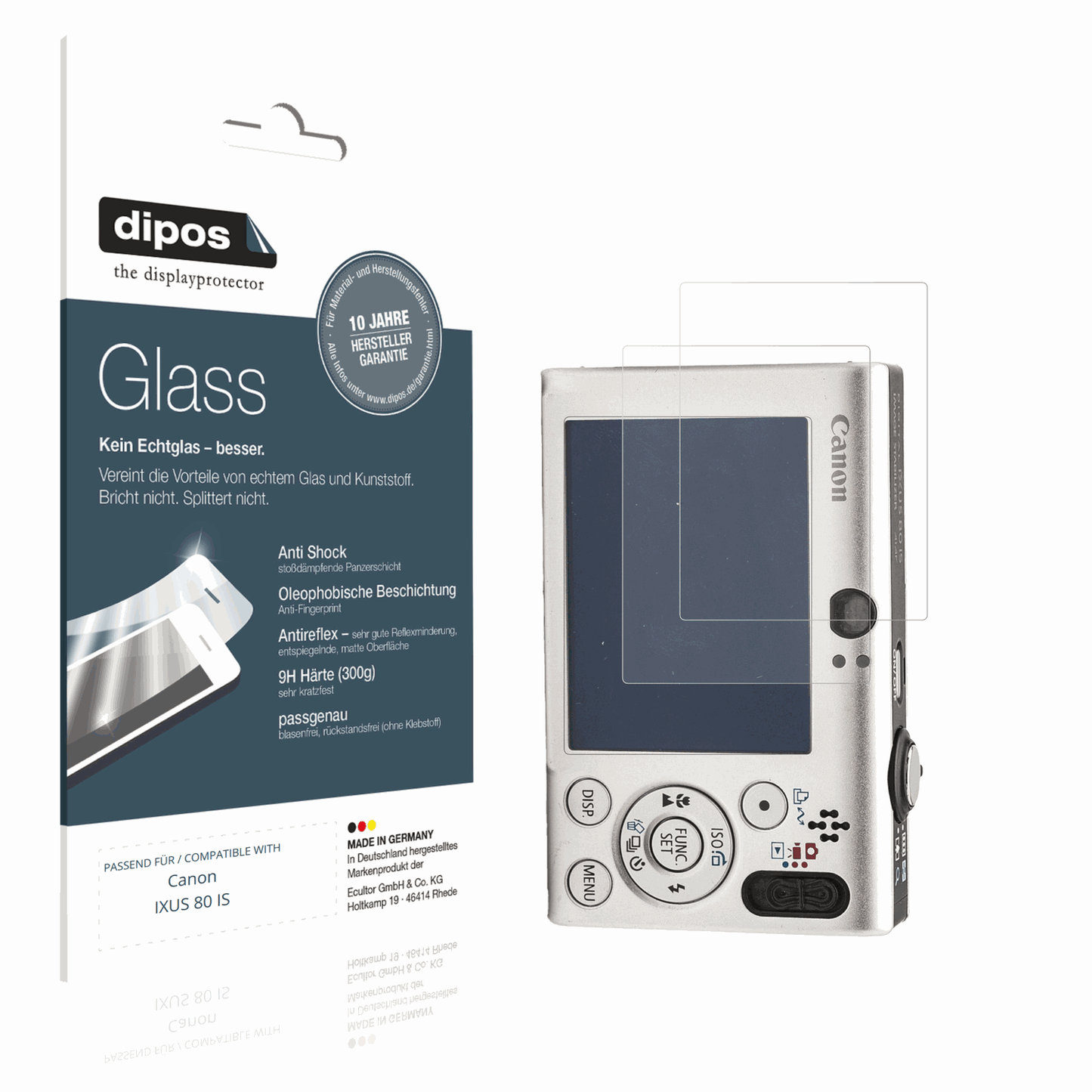 Matte Displayschutzfolie von dipos passend für Canon IXUS 80 IS, 9H kratzfest und blasenfrei montiert