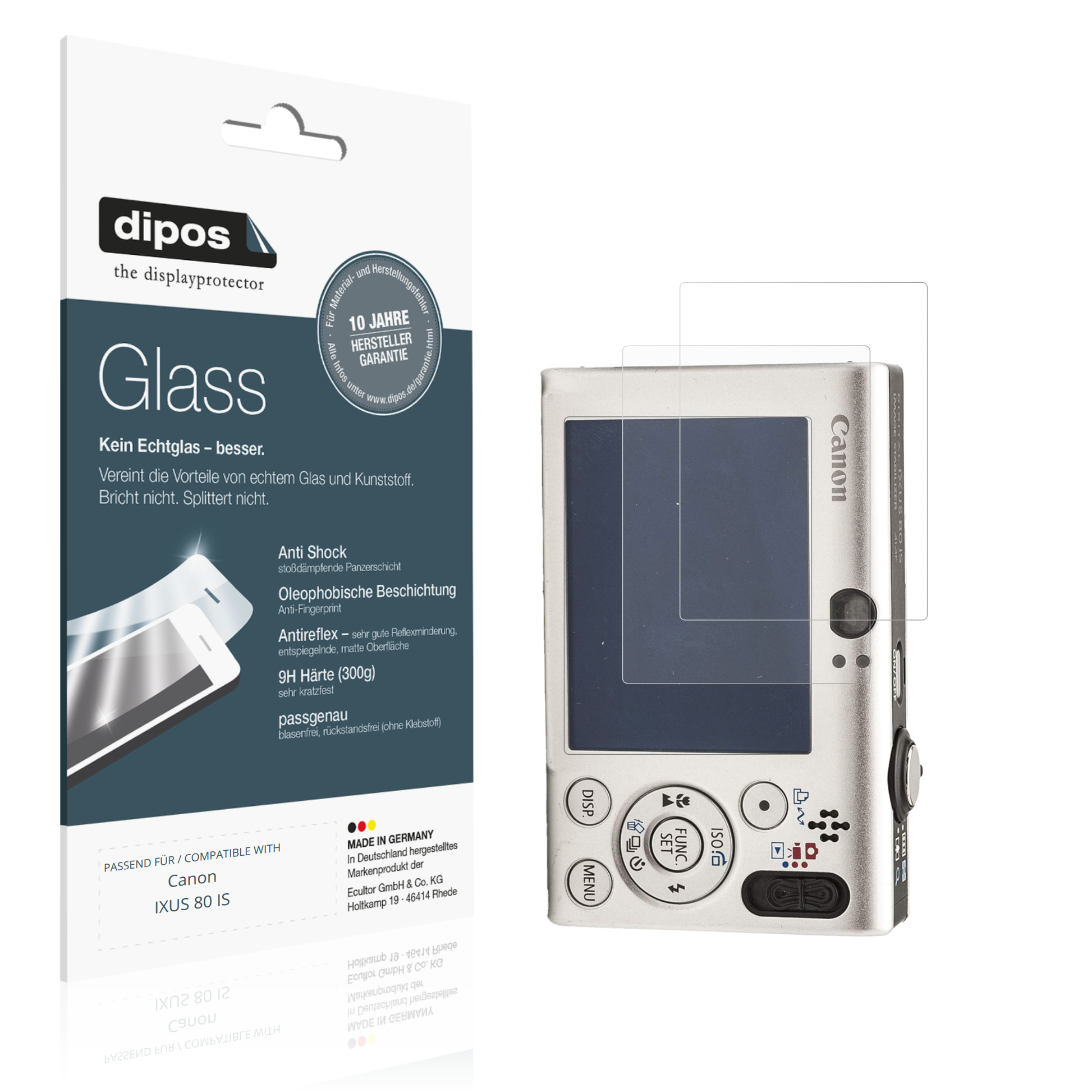 Matte Displayschutzfolie von dipos passend für Canon IXUS 80 IS, 9H kratzfest und blasenfrei montiert