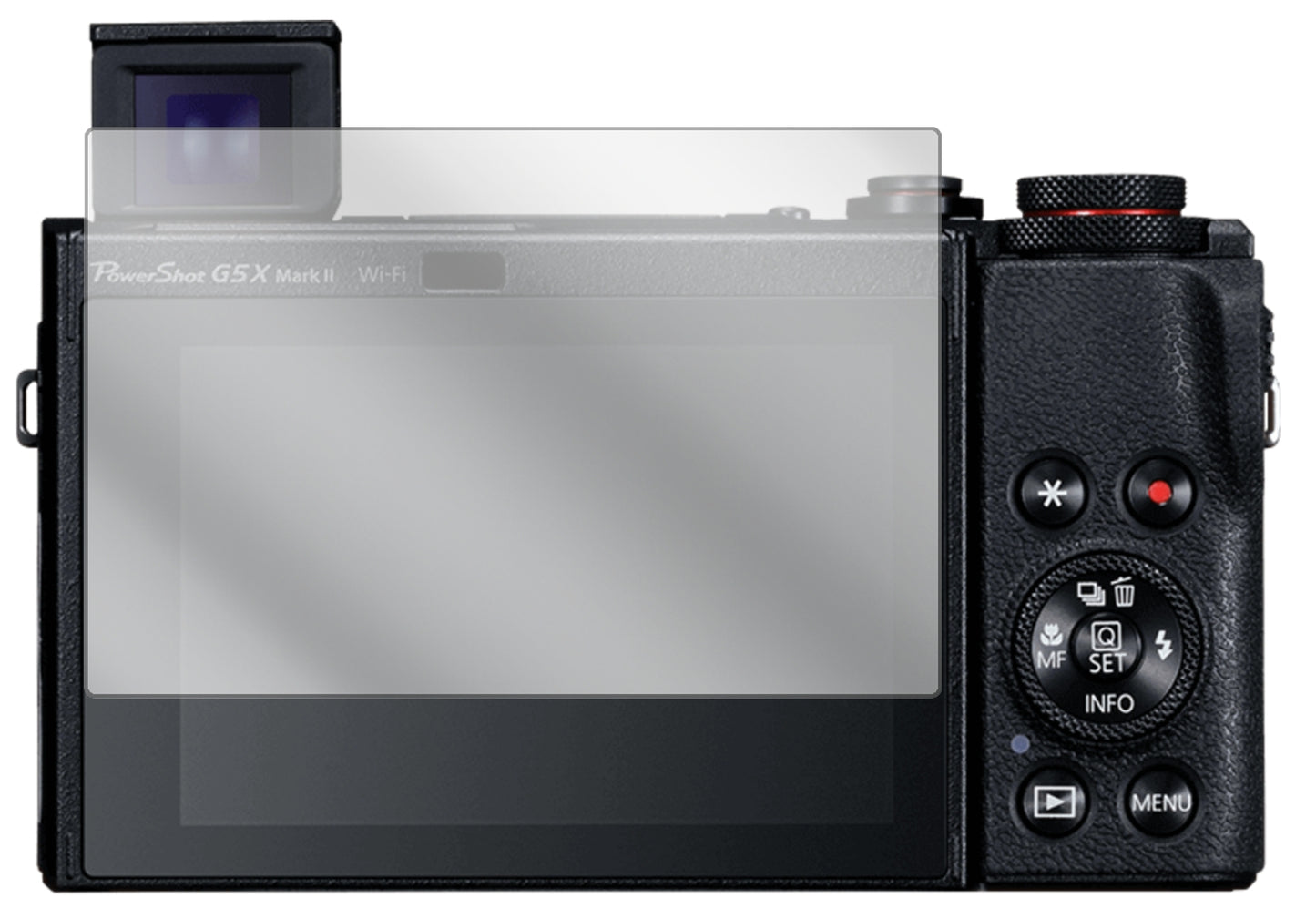 CanonPowerShot G5X Mark II mit aufgebrachter dipos Displayschutzfolie, glasklare Darstellung ohne Einschränkungen