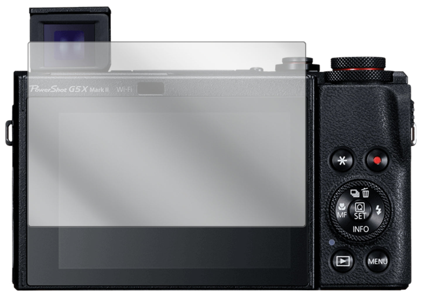CanonPowerShot G5X Mark II mit aufgebrachter dipos Displayschutzfolie, glasklare Darstellung ohne Einschränkungen