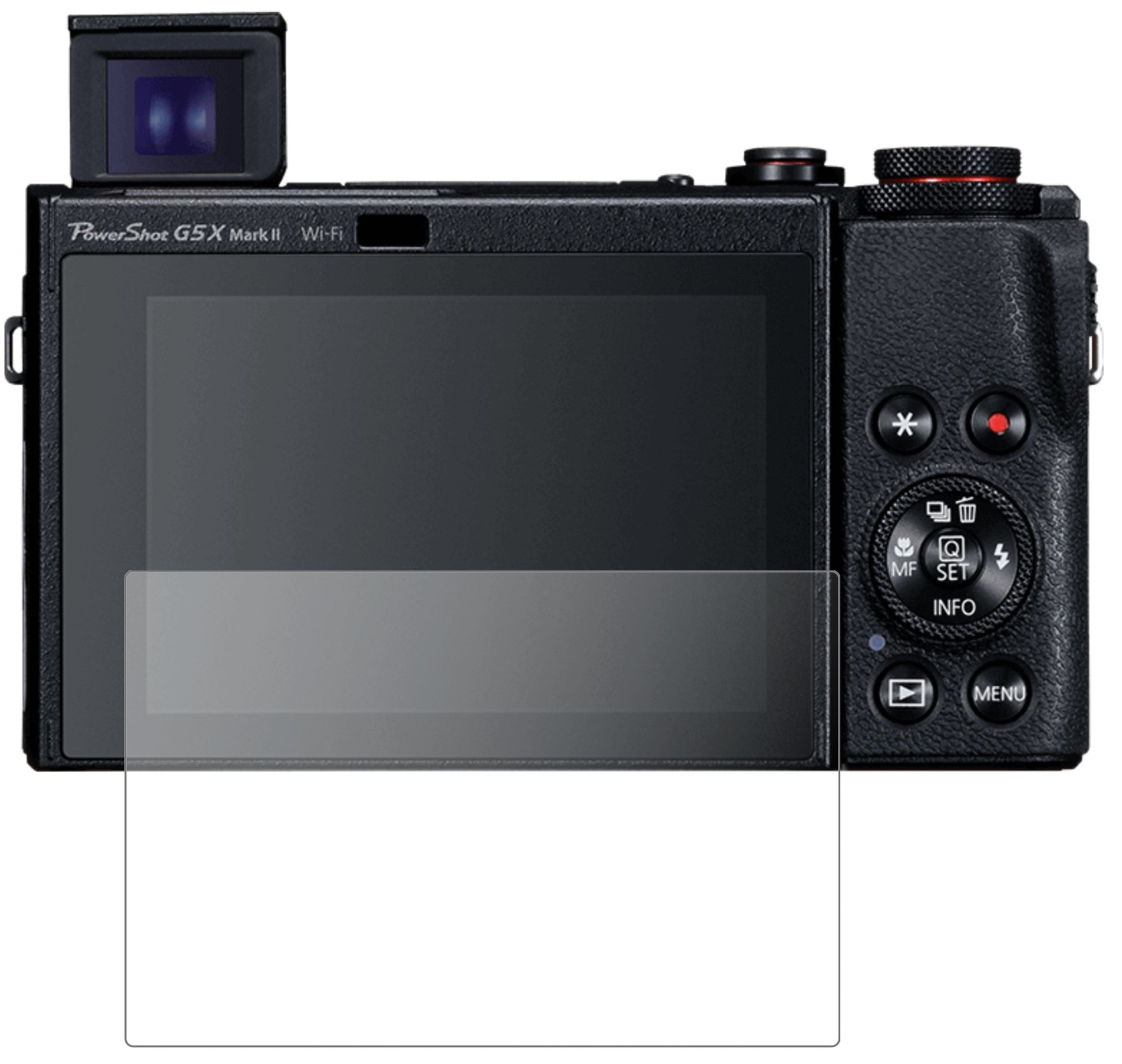CanonPowerShot G5X Mark II mit aufgebrachter dipos Panzerfolie, die lästige Fingerabdrücke minimiert