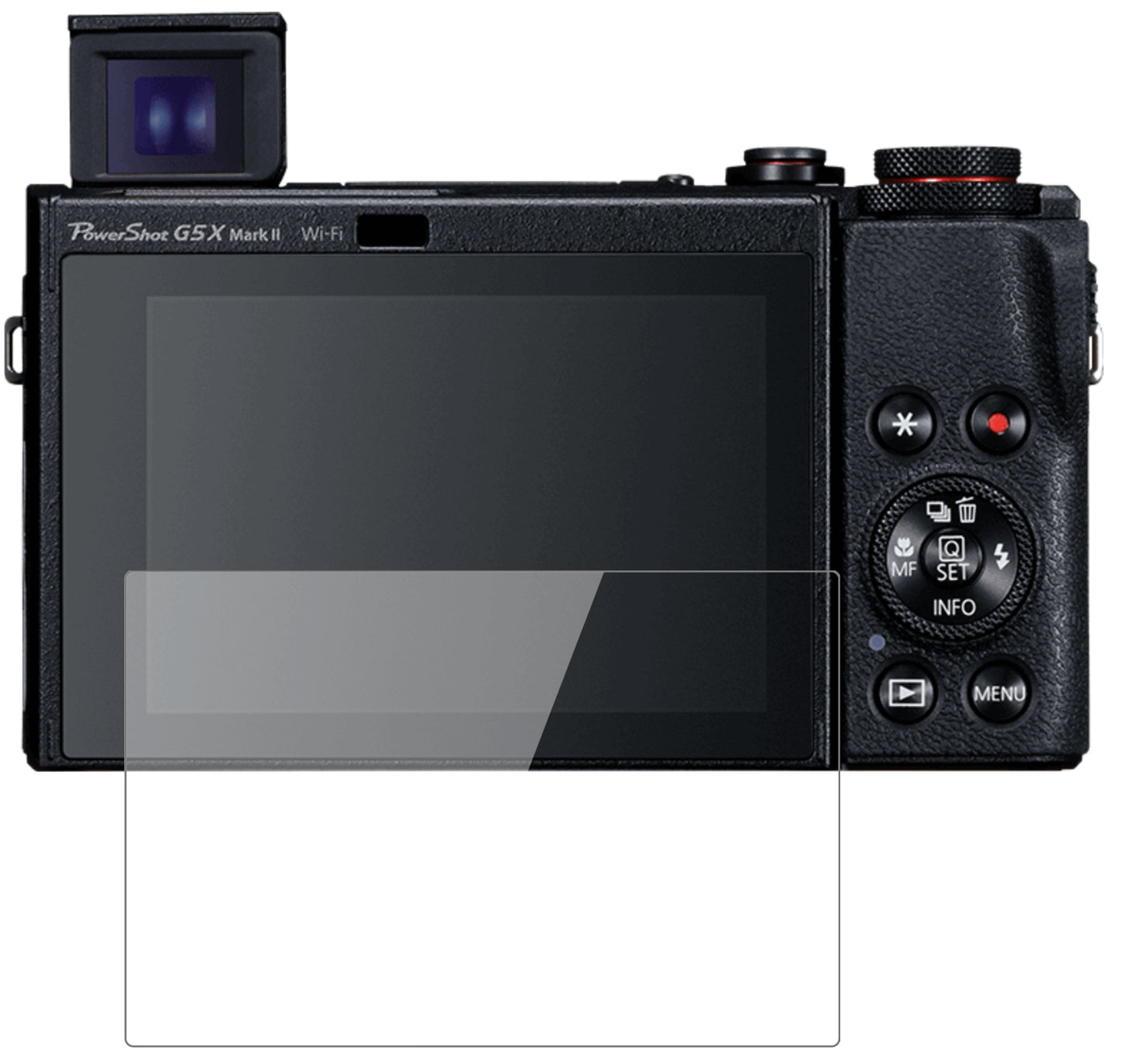 CanonPowerShot G5X Mark II mit aufgebrachter dipos Flex Schutzfolie, glasklare Darstellung ohne Einschränkungen