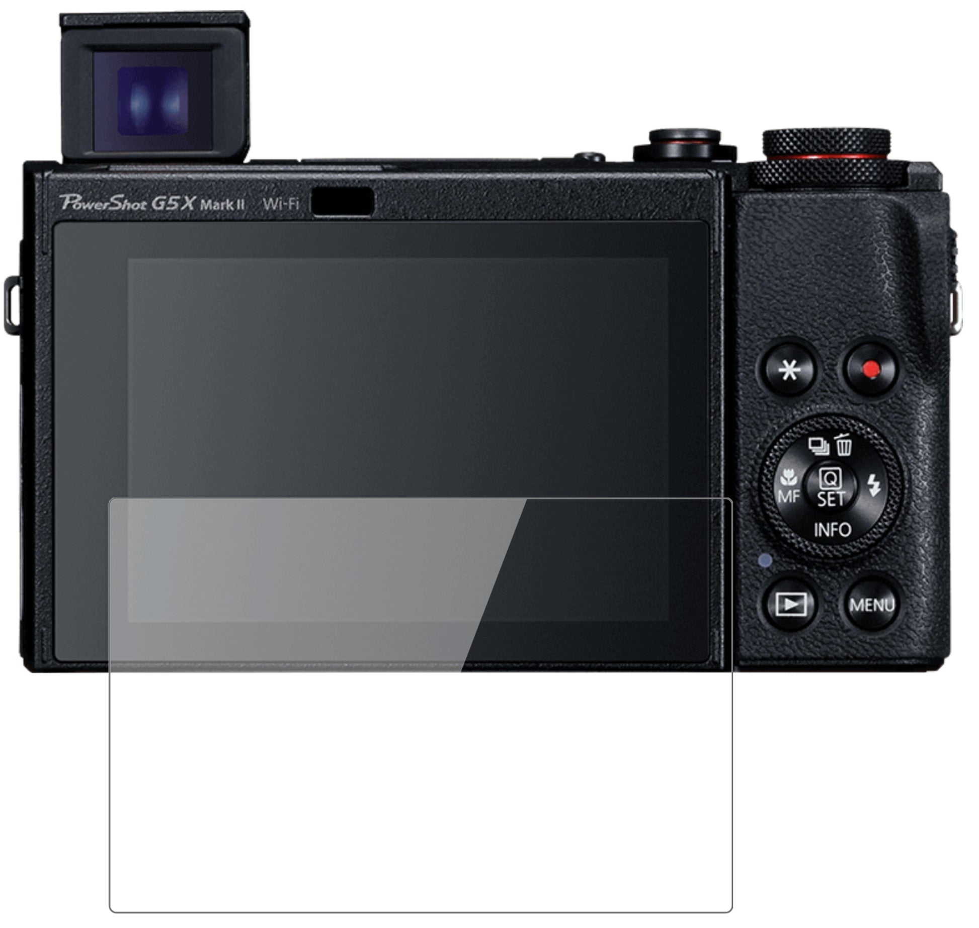CanonPowerShot G5X Mark II mit aufgebrachter dipos Flex Schutzfolie, glasklare Darstellung ohne Einschränkungen