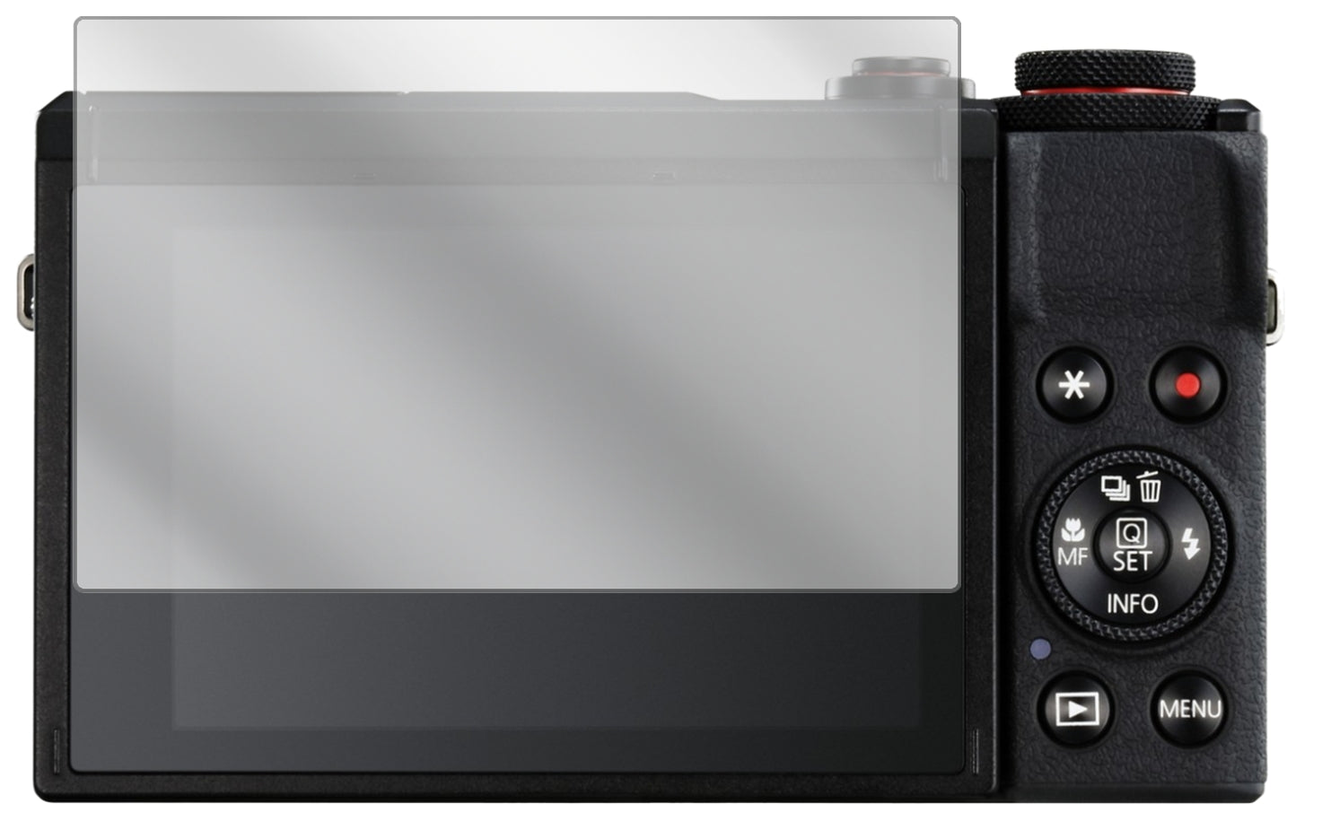 CanonPowerShot G7X Mark III mit aufgebrachter dipos Displayschutzfolie, glasklare Darstellung ohne Einschränkungen