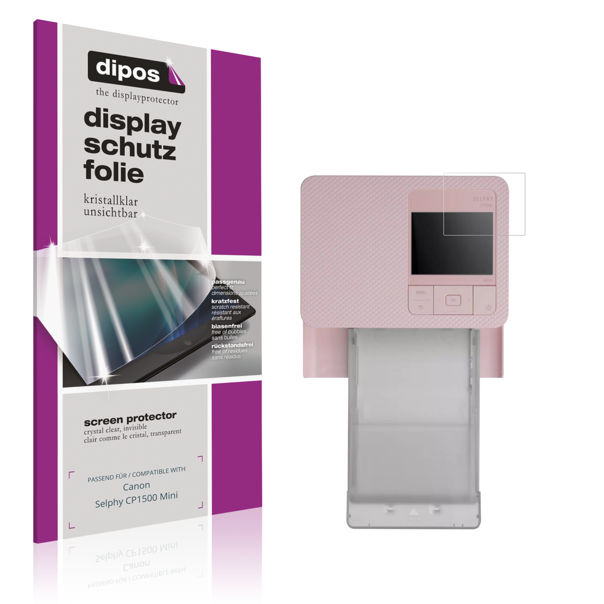 Klare Displayschutzfolie von dipos passend für Canon Selphy CP1500 Mini, präziser Zuschnitt und blasenfrei montiert