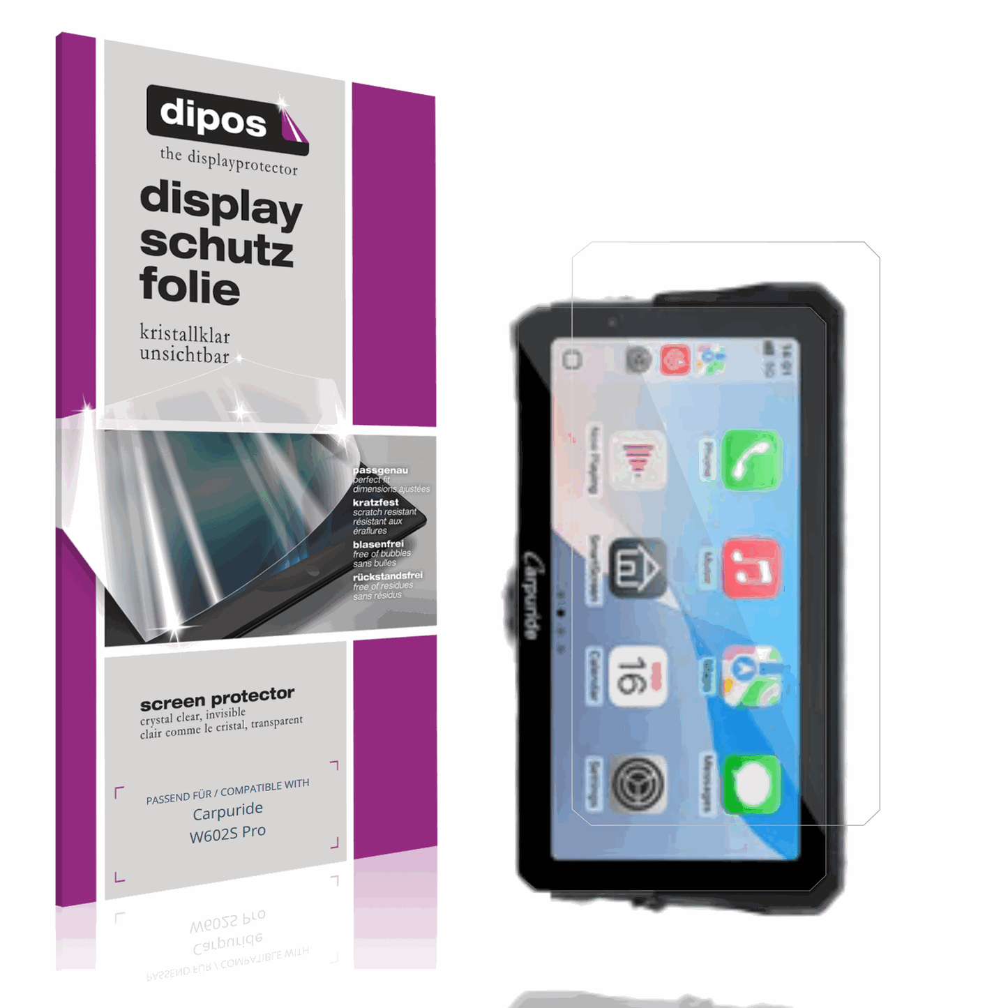 Klare Displayschutzfolie von dipos passend für Carpuride W602S Pro, präziser Zuschnitt und blasenfrei montiert