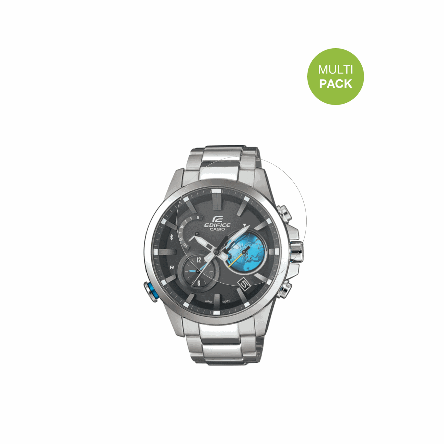 CasioEdifice EQB-600D mit aufgebrachter dipos Displayschutzfolie, die lästige Fingerabdrücke minimiert