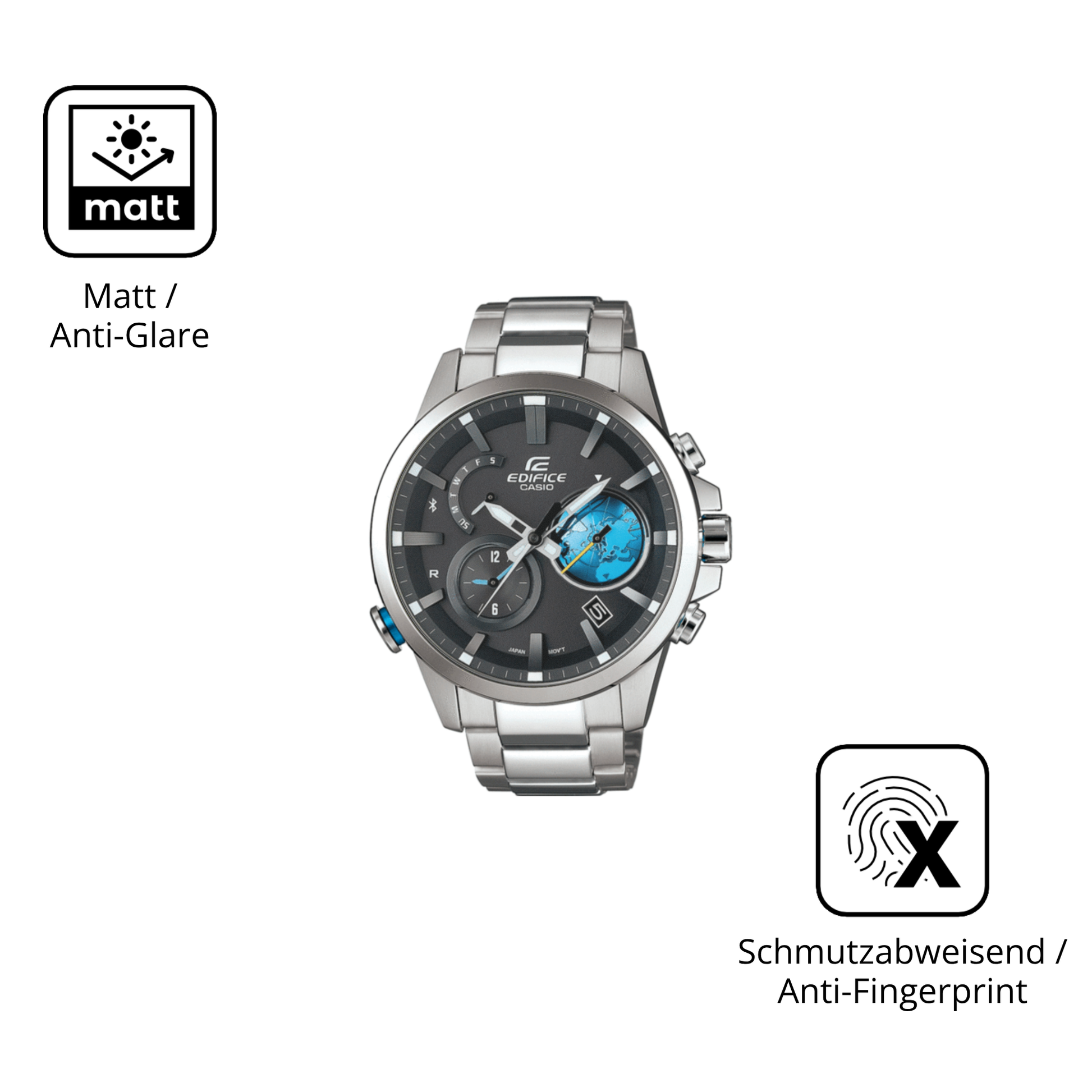 Dünne und entspiegelnde Folie passend zugeschnitten für Casio Edifice EQB-600D