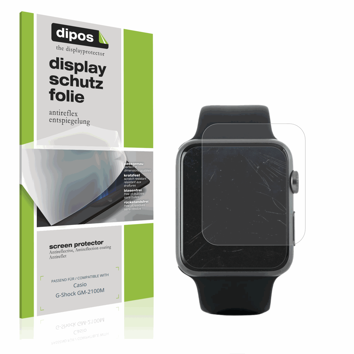 Matte Displayschutzfolie von dipos passend für Casio G-Shock GM-2100M, präziser Zuschnitt und blasenfrei montiert