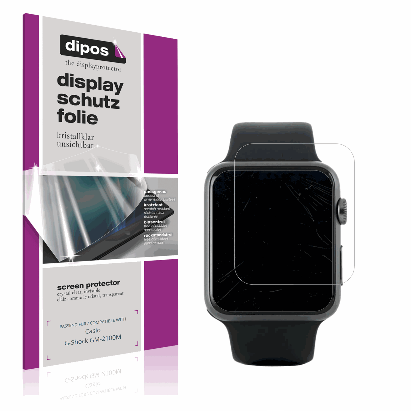 Klare Displayschutzfolie von dipos passend für Casio G-Shock GM-2100M, präziser Zuschnitt und blasenfrei montiert
