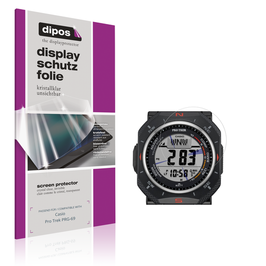 Klare Displayschutzfolie von dipos passend für Casio Pro Trek PRG-69, präziser Zuschnitt und blasenfrei montiert