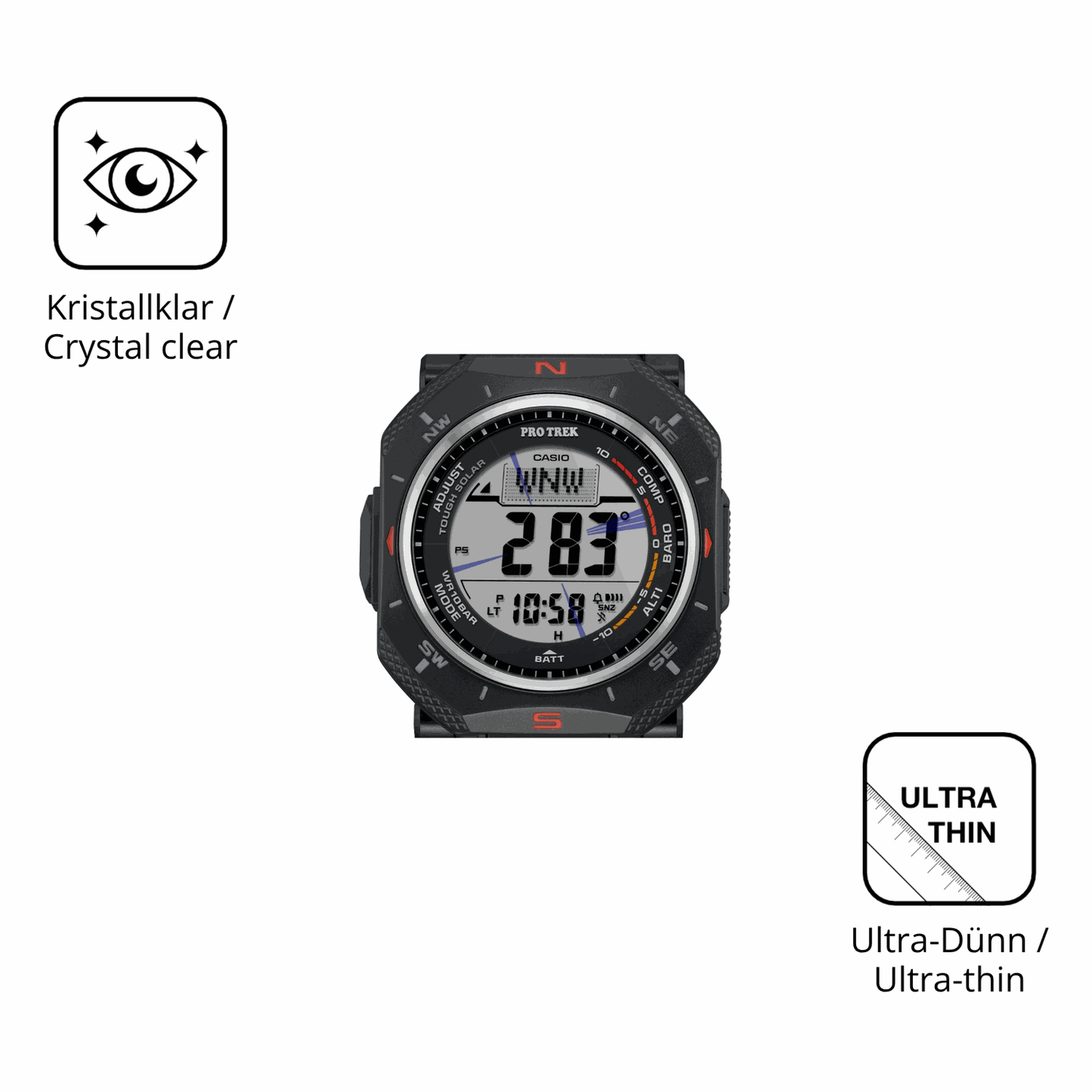 Dünne und klare Folie passend zugeschnitten für Casio Pro Trek PRG-69