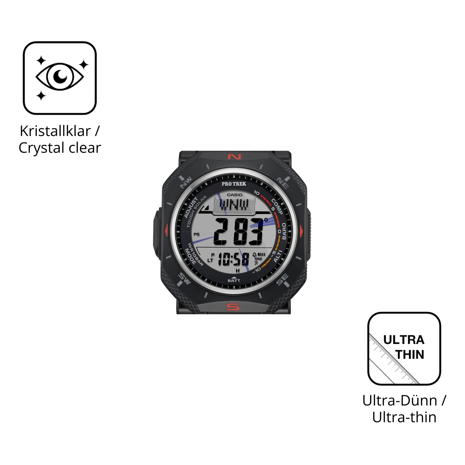 Dünne und klare Folie passend zugeschnitten für Casio Pro Trek PRG-69