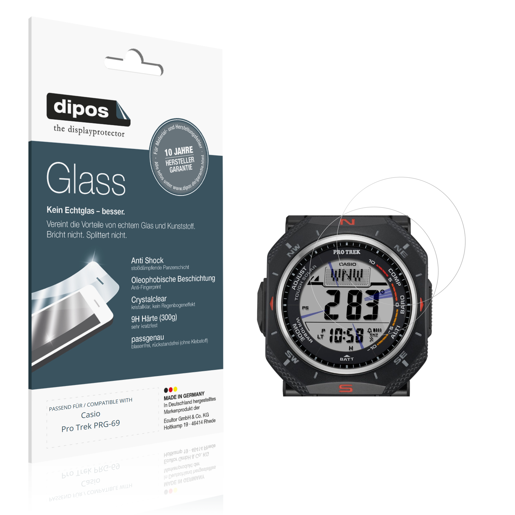 Klare Displayschutzfolie von dipos passend für Casio Pro Trek PRG-69, 9H kratzfest und blasenfrei montiert