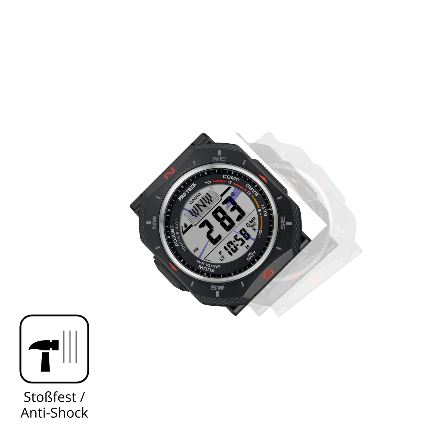 Schutz gegen Kratzer auf dem Casio Pro Trek PRG-69 Glas durch Schlüssel, Stöße gegen die Tischkante oder Stürze