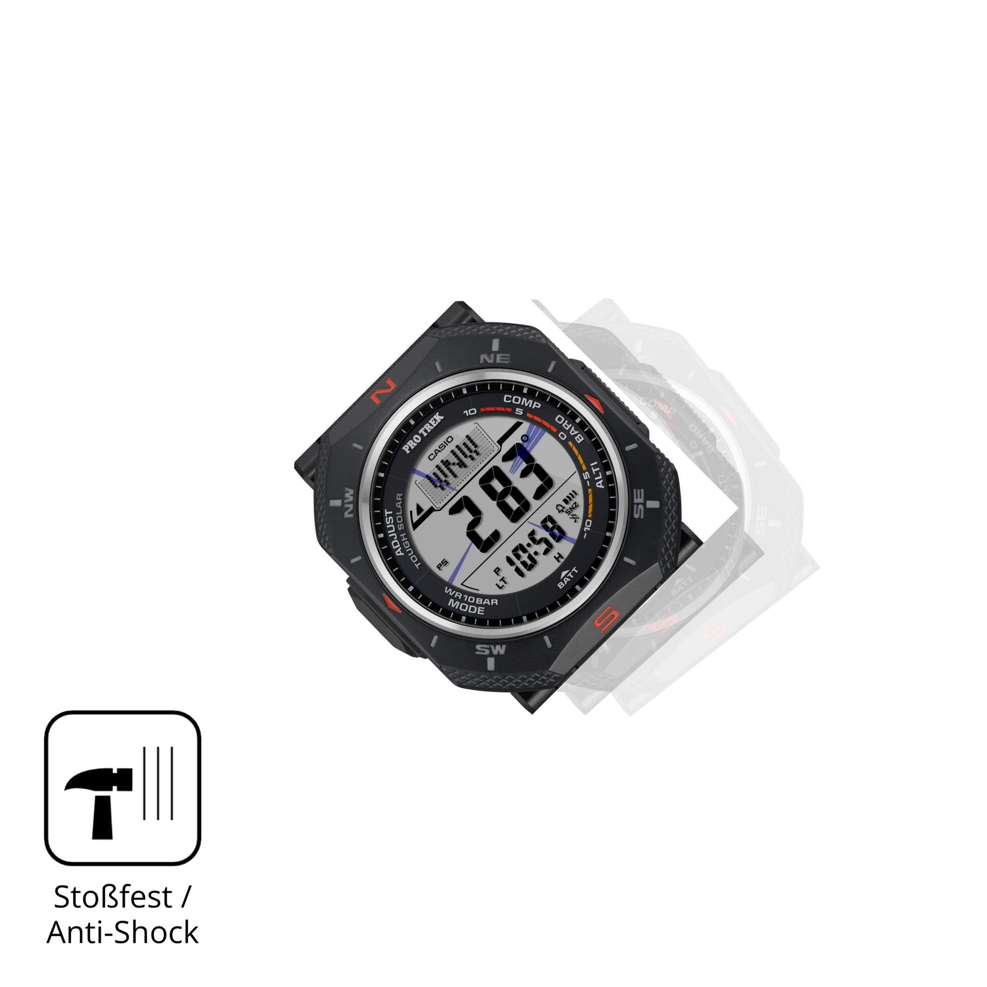 Schutz gegen Kratzer auf dem Casio Pro Trek PRG-69 Glas durch Schlüssel, Stöße gegen die Tischkante oder Stürze