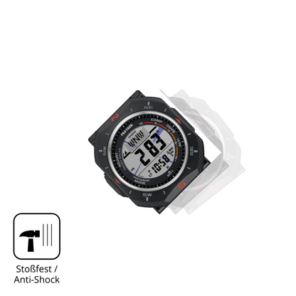 Schutz gegen Kratzer auf dem Casio Pro Trek PRG-69 Glas durch Schlüssel, Stöße gegen die Tischkante oder Stürze