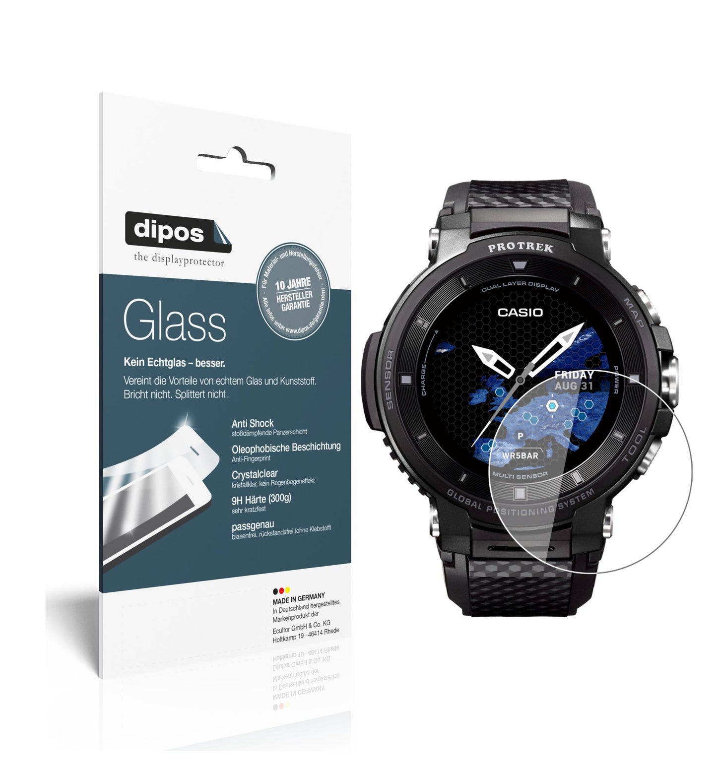 Klare Displayschutzfolie von dipos passend für Casio Pro Trek smart WSD-F30, 9H kratzfest und blasenfrei montiert