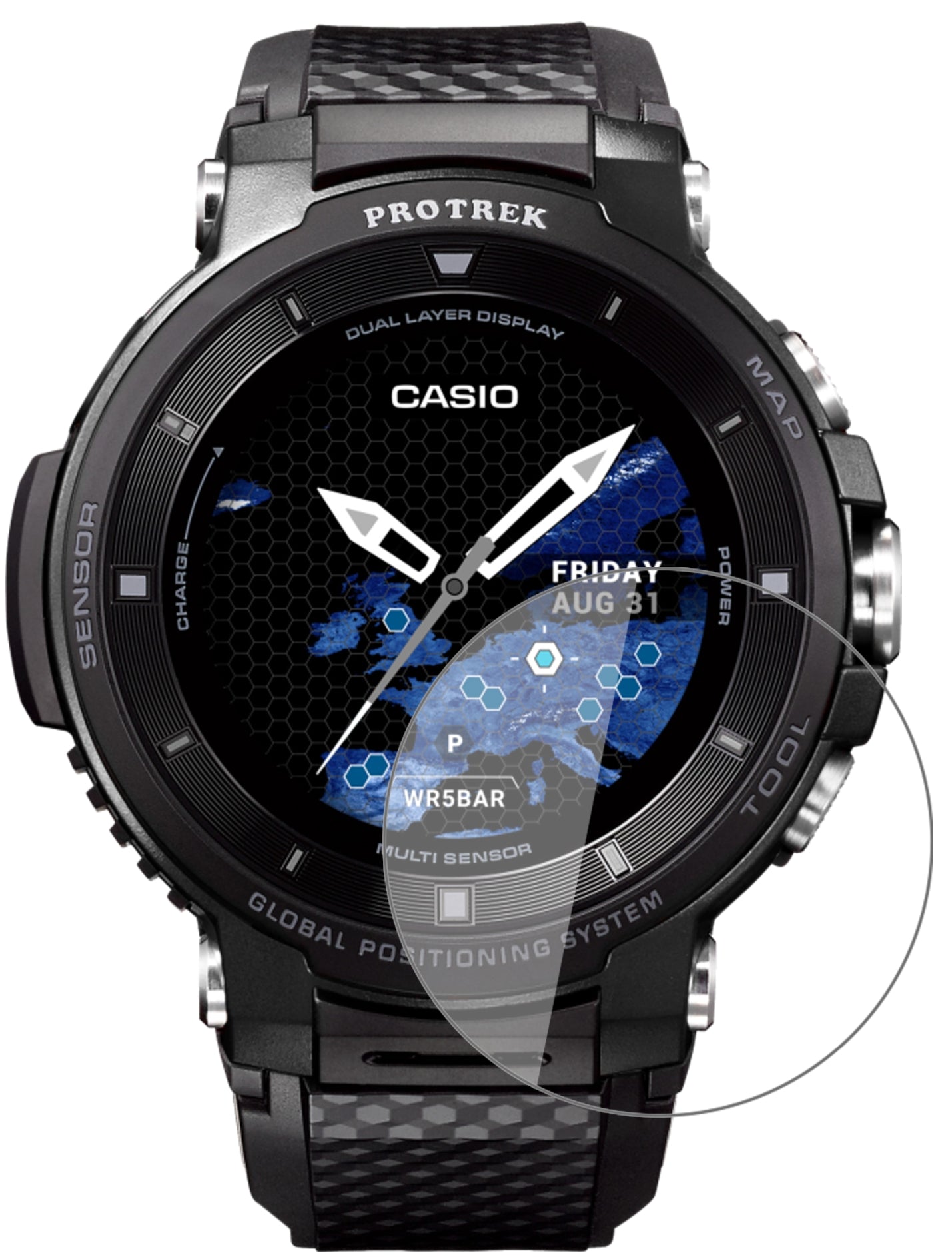 CasioPro Trek smart WSD-F30 mit aufgebrachter dipos Flex Schutzfolie, glasklare Darstellung ohne Einschränkungen