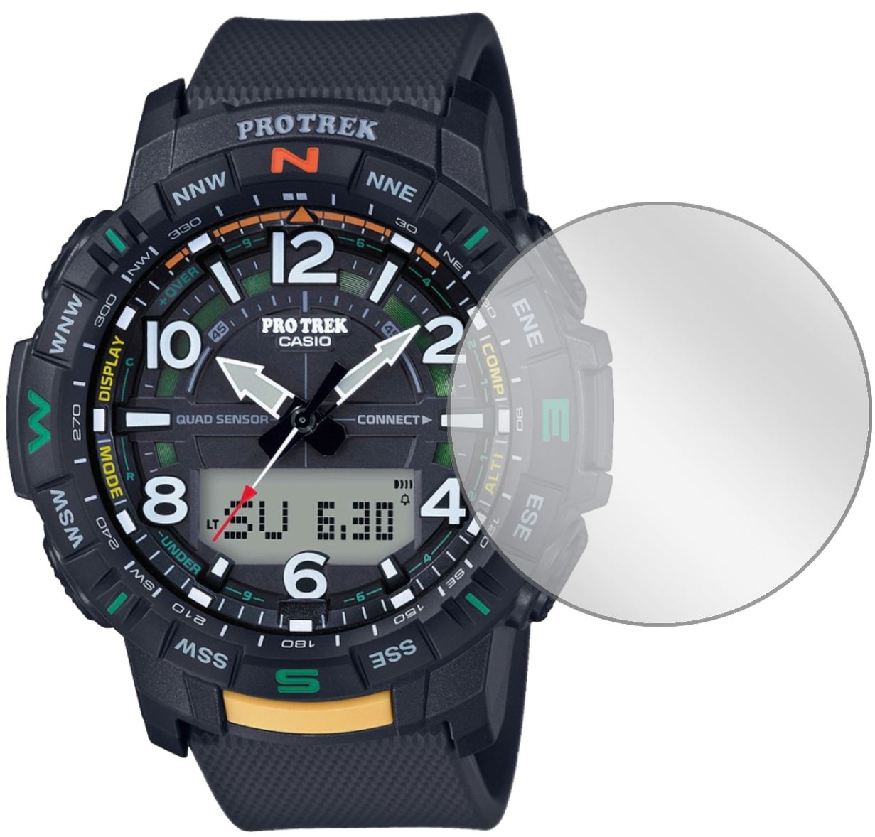 CasioPRT-B50 Pro Trek mit aufgebrachter dipos Displayschutzfolie, glasklare Darstellung ohne Einschränkungen