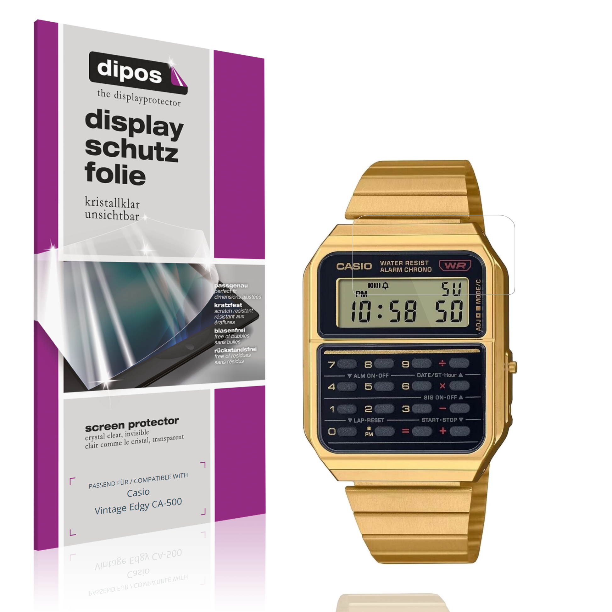 Klare Displayschutzfolie von dipos passend für casiovintage edgy ca-500, präziser Zuschnitt und blasenfrei montiert