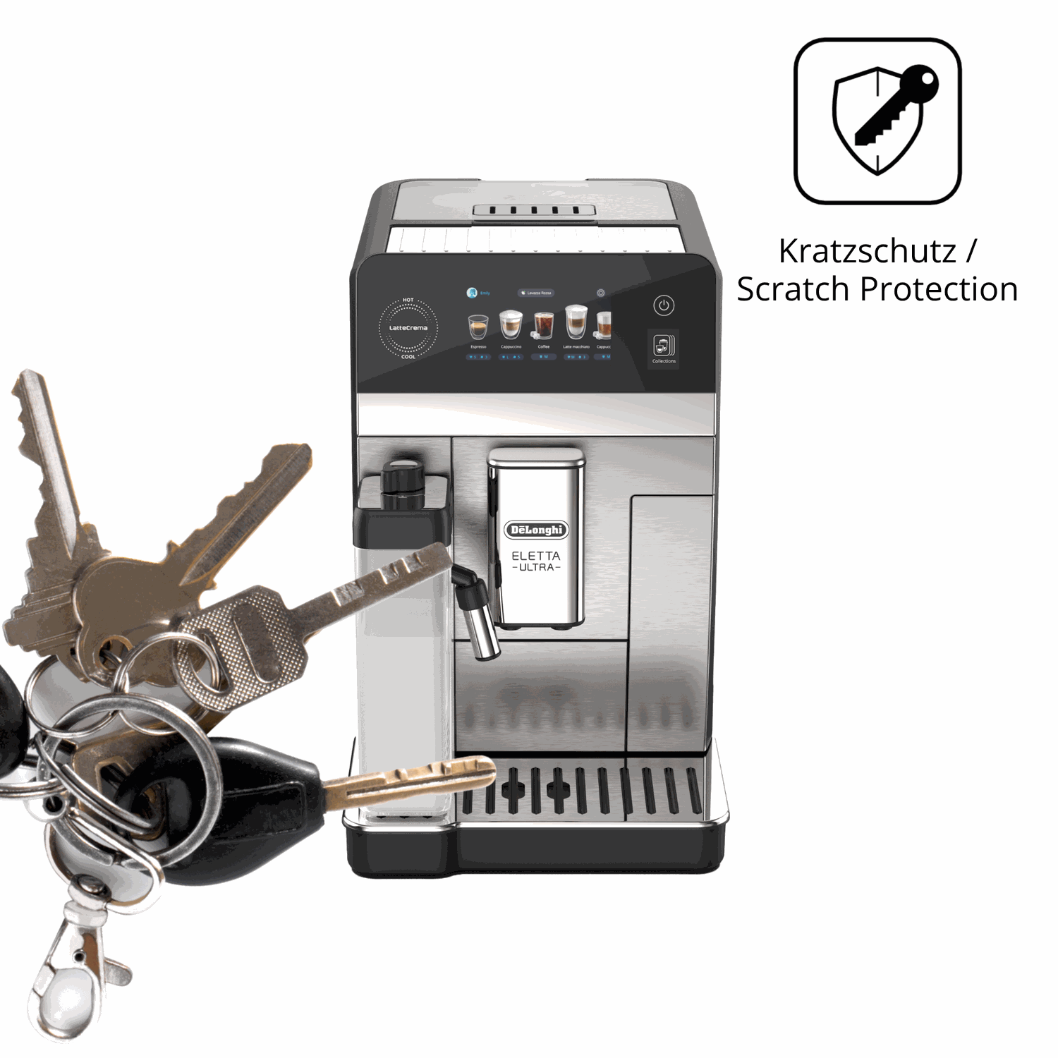 Schutz gegen Kratzer auf dem DeLonghi Eletta Ultra 2026 Glas durch Schlüssel oder Ähnliches