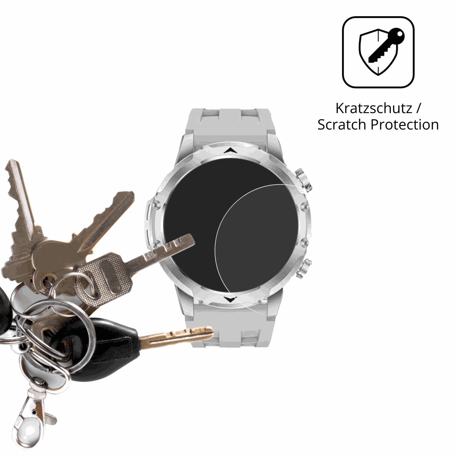 Schutz gegen Kratzer auf dem FitVigor Smartwatch 1.53 Zoll Glas durch Schlüssel oder Ähnliches