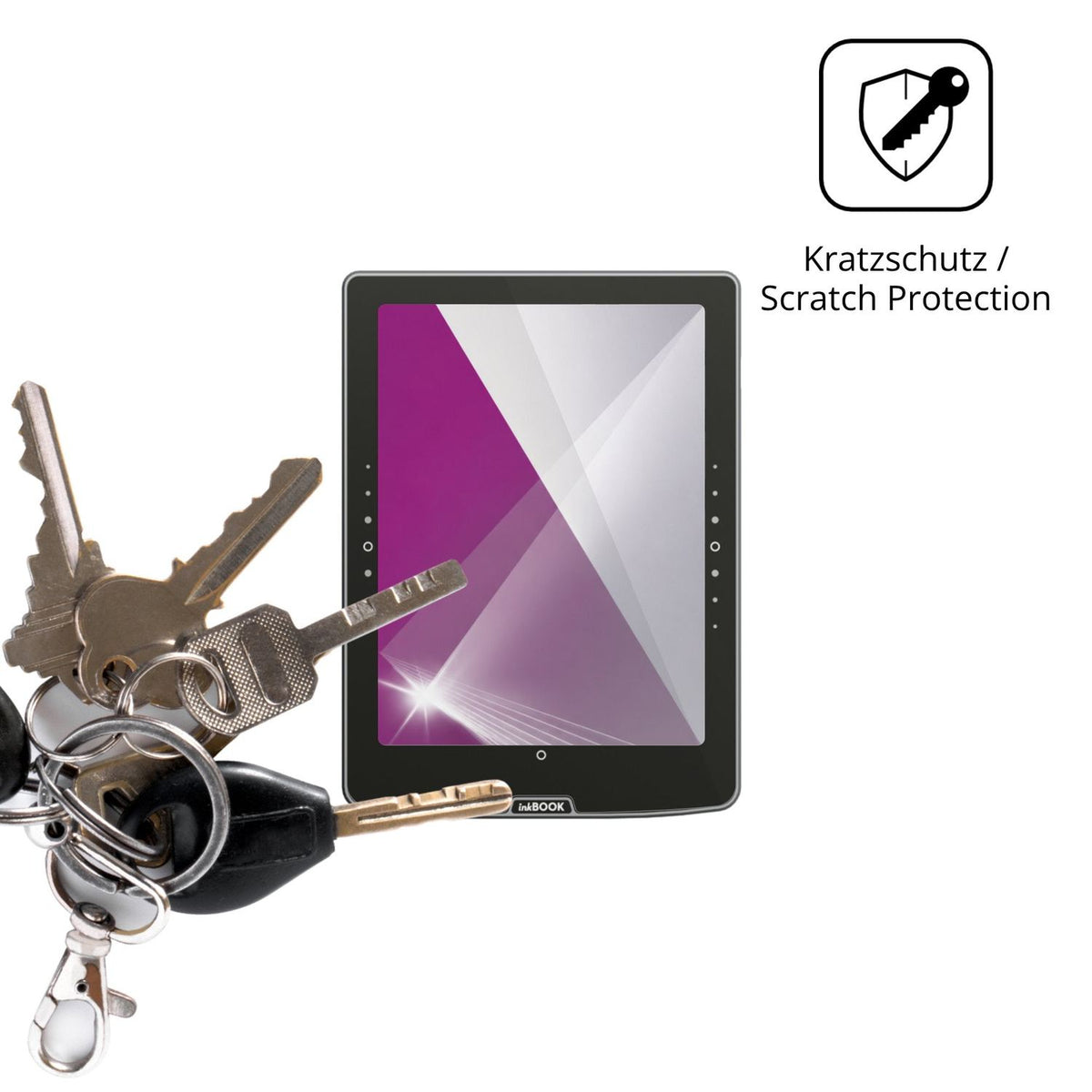 Schutz gegen Kratzer auf dem inkBOOK Solaris Glas durch Schlüssel oder Ähnliches