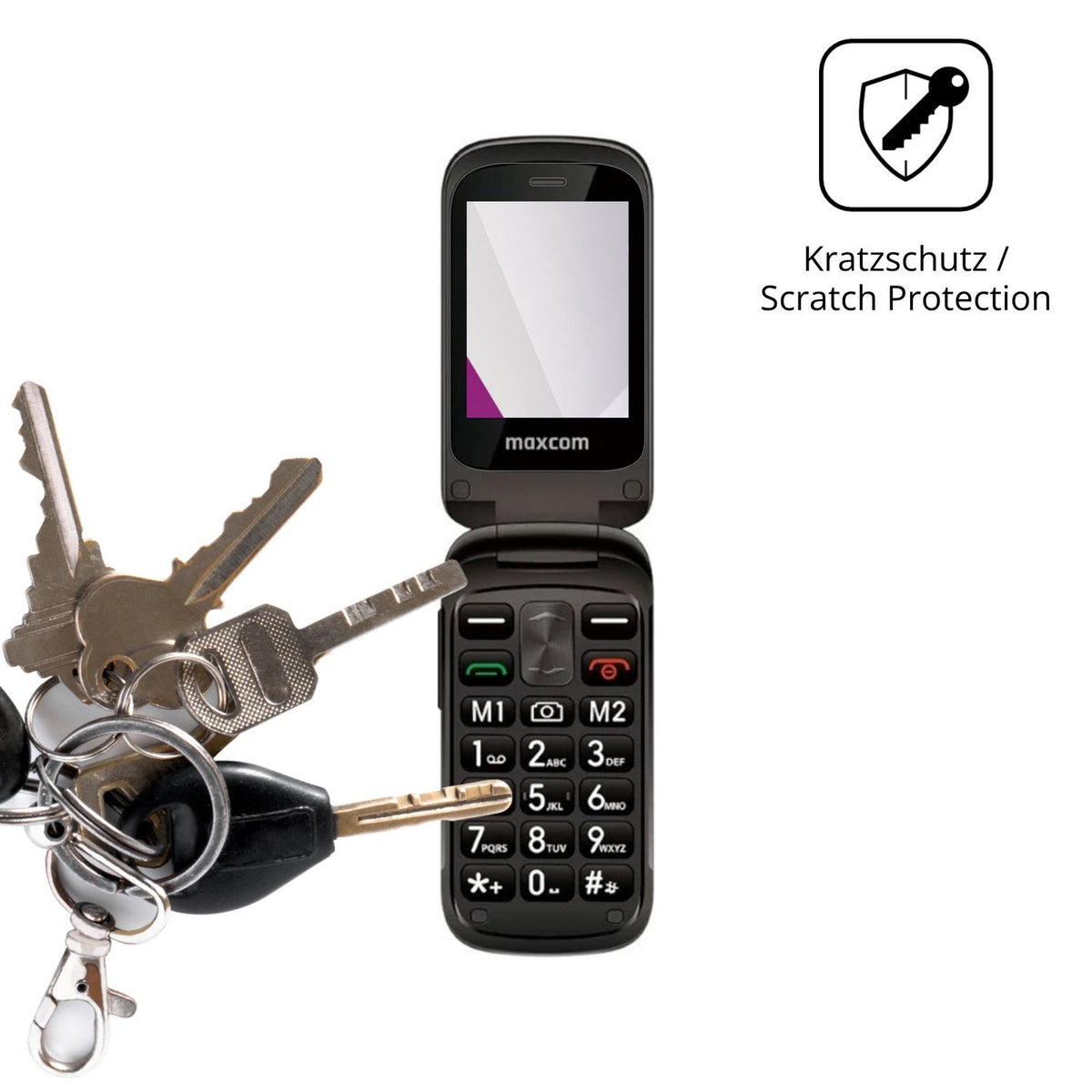Schutz gegen Kratzer auf dem MaxCom Comfort MM834 4G Glas durch Schlüssel oder Ähnliches