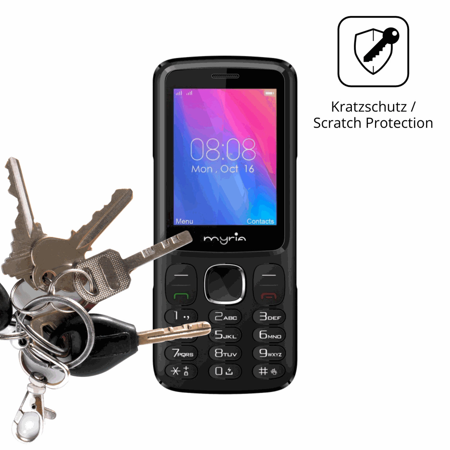 Schutz gegen Kratzer auf dem Myria Endless 3G Glas durch Schlüssel oder Ähnliches
