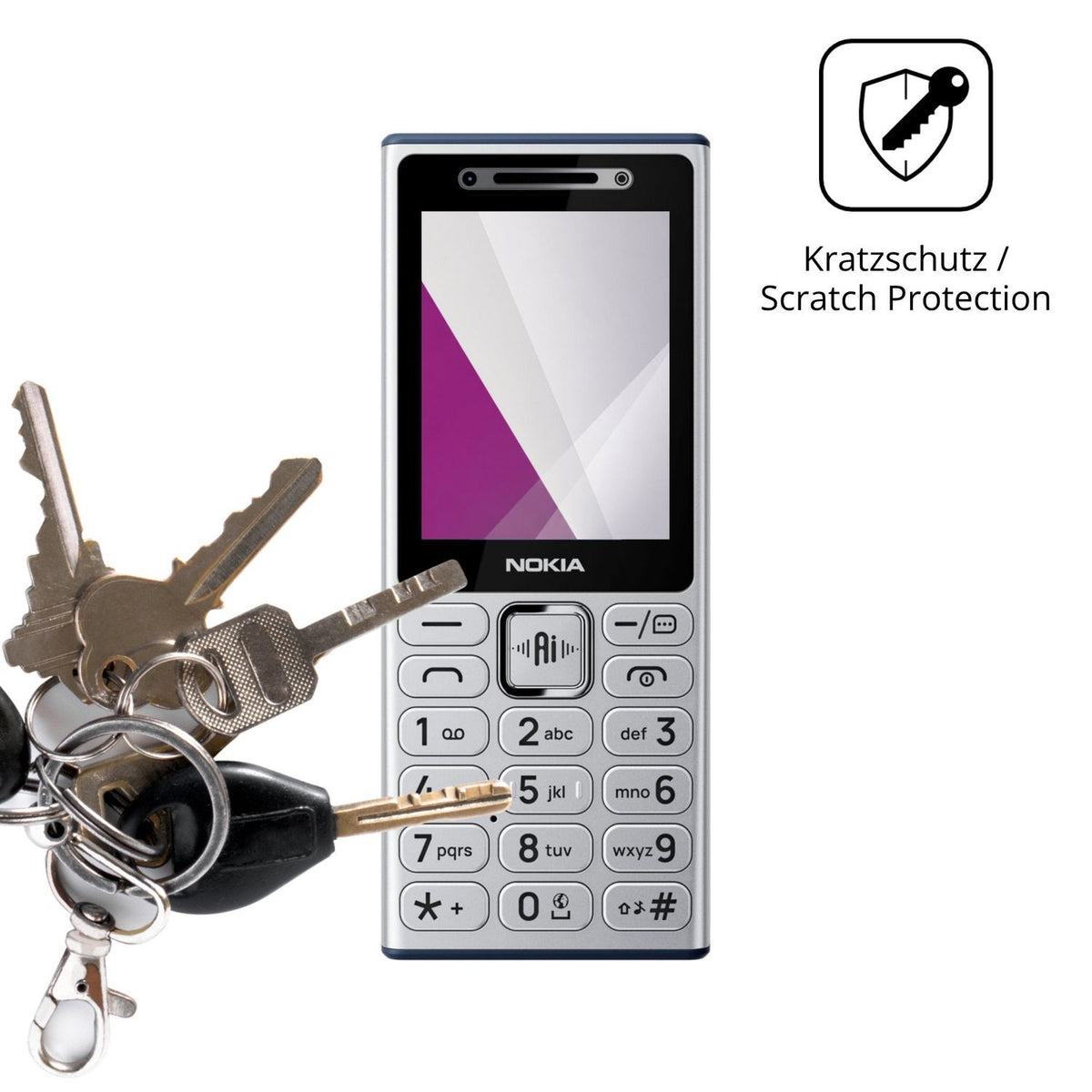 Schutz gegen Kratzer auf dem Nokia 210 4G Glas durch Schlüssel oder Ähnliches