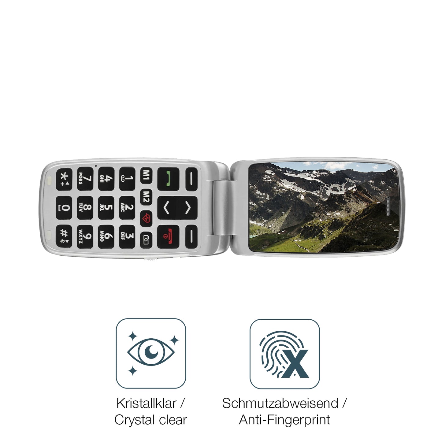 Schutz gegen Kratzer auf dem Olympia Janus Seniorenhandy Glas durch Schlüssel oder Ähnliches