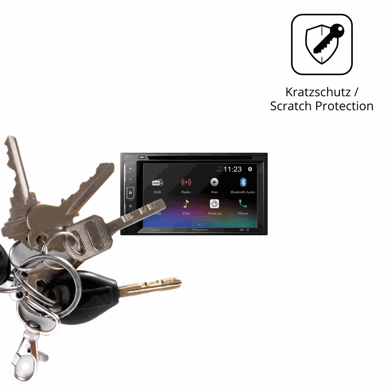 Schutz gegen Kratzer auf dem Pioneer DMH-A240DAB Glas durch Schlüssel oder Ähnliches