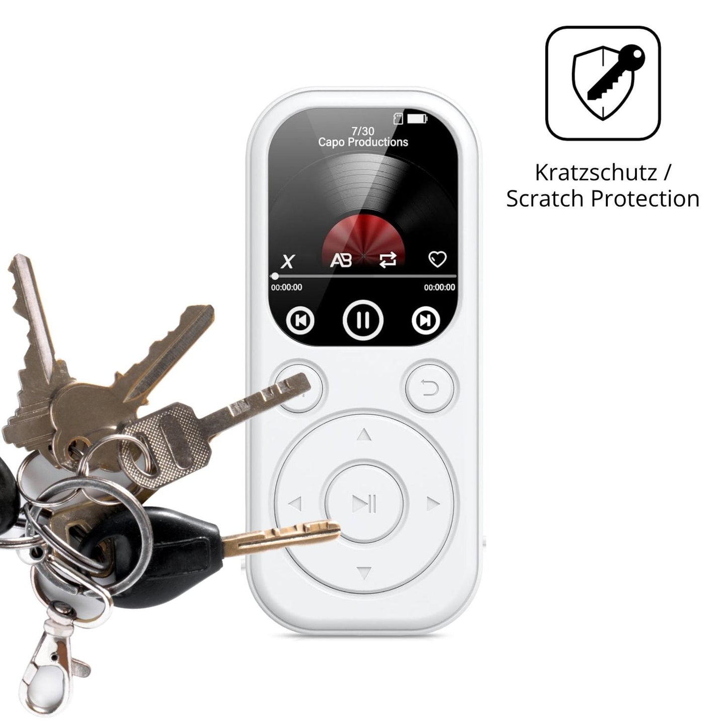 Schutz gegen Kratzer auf dem RWSRW MP301-BS MP3-Player Glas durch Schlüssel oder Ähnliches