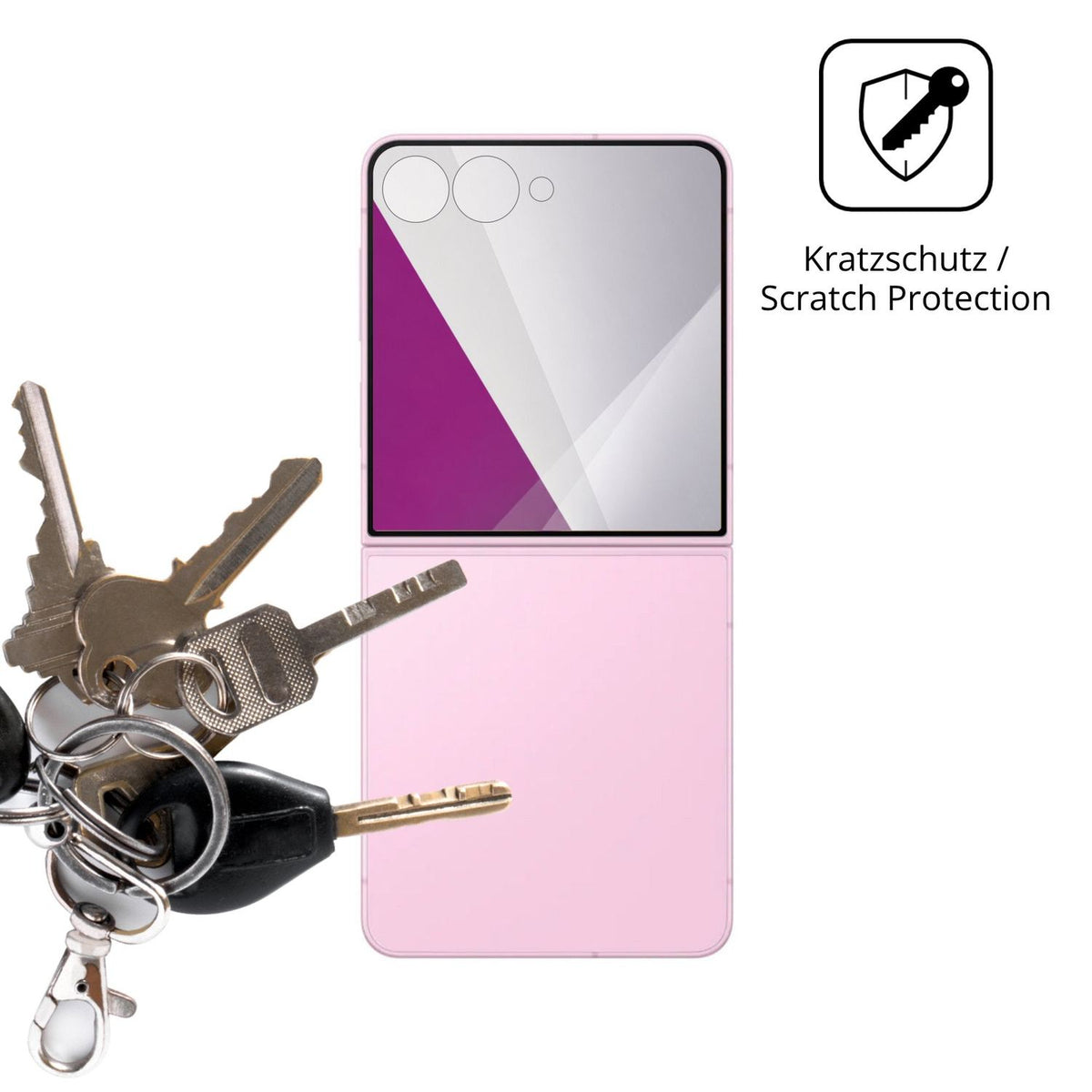 Schutz gegen Kratzer auf dem Samsung Galaxy Z Flip8 Aussenseite Glas durch Schlüssel oder Ähnliches