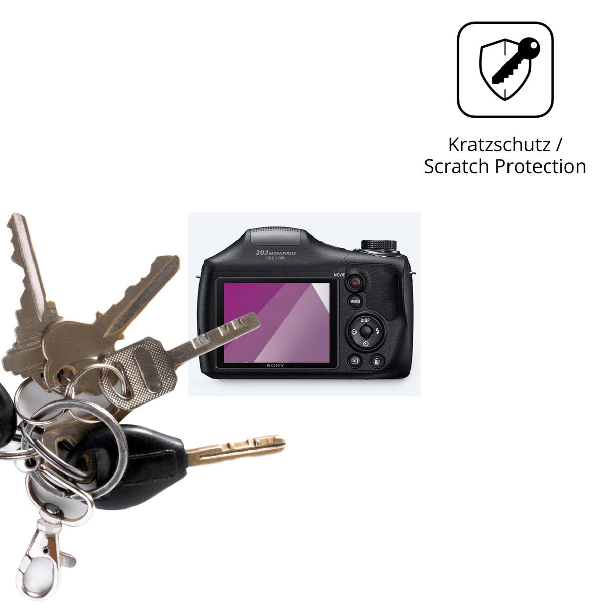 Schutz gegen Kratzer auf dem Sony DSC-H300 Glas durch Schlüssel oder Ähnliches