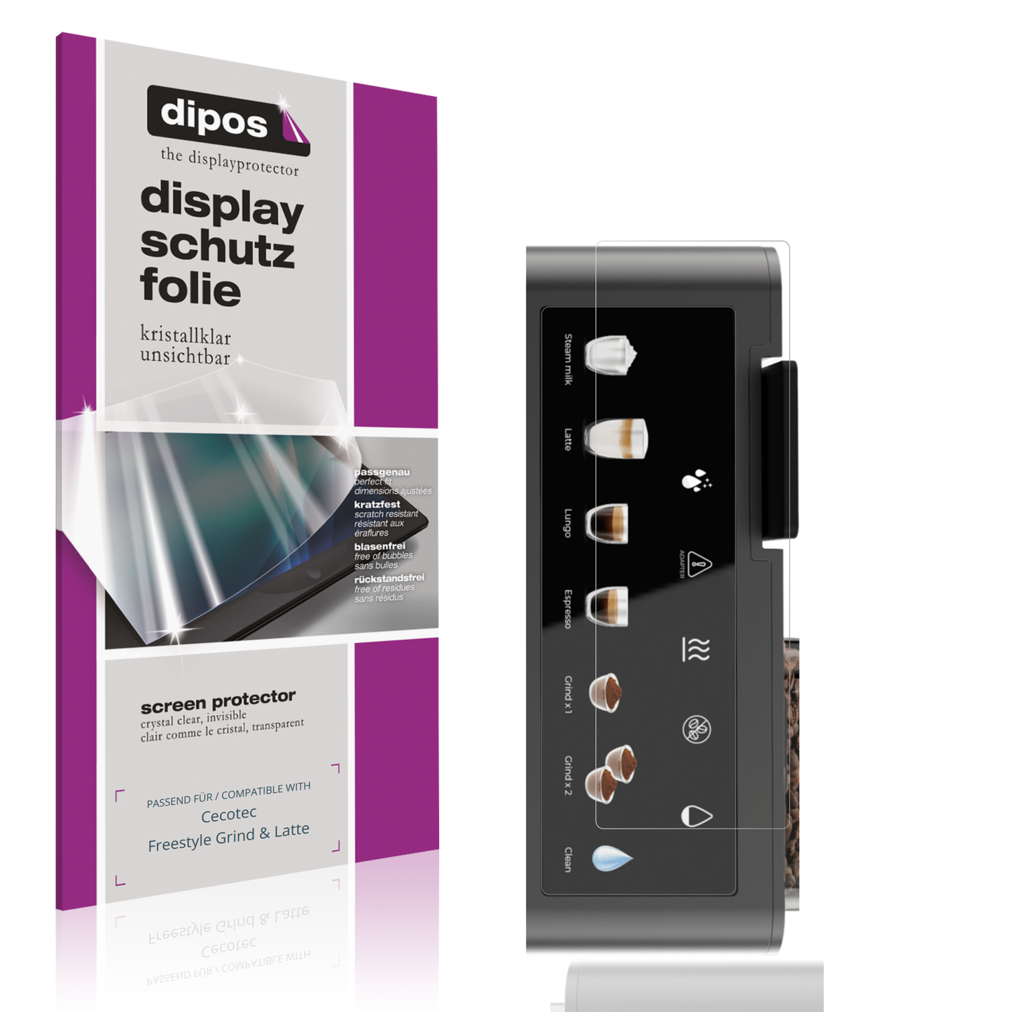 Klare Displayschutzfolie von dipos passend für Cecotec Freestyle Grind &amp; Latte, präziser Zuschnitt und blasenfrei montiert