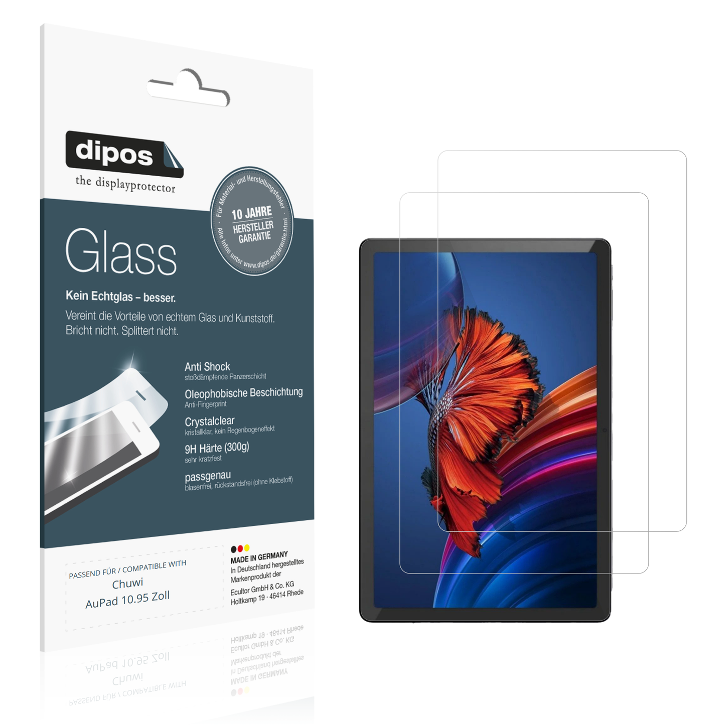 Klare Displayschutzfolie von dipos passend für Chuwi AuPad 10.95 Zoll, 9H kratzfest und blasenfrei montiert