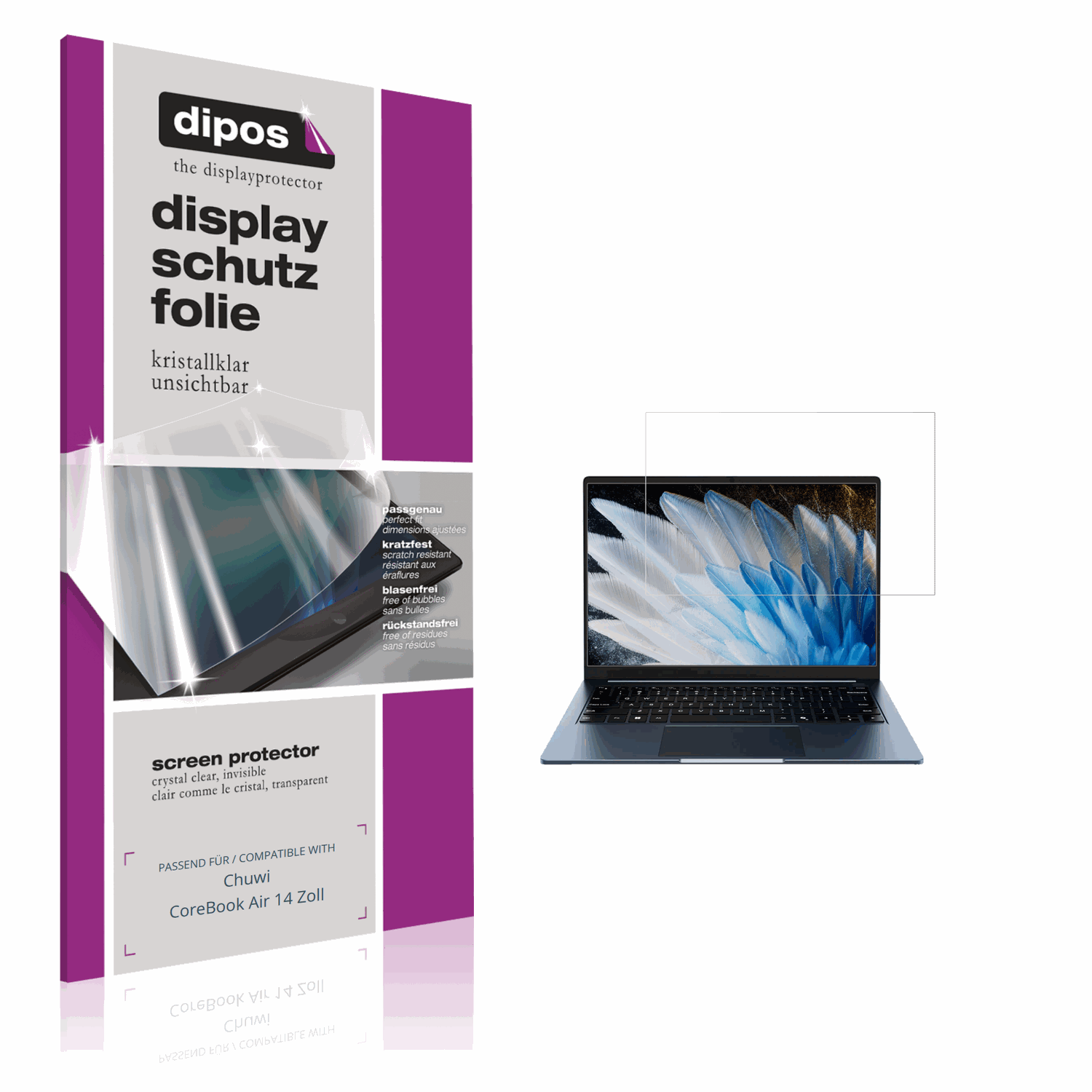 Klare Displayschutzfolie von dipos passend für Chuwi CoreBook Air 14 Zoll, präziser Zuschnitt und blasenfrei montiert