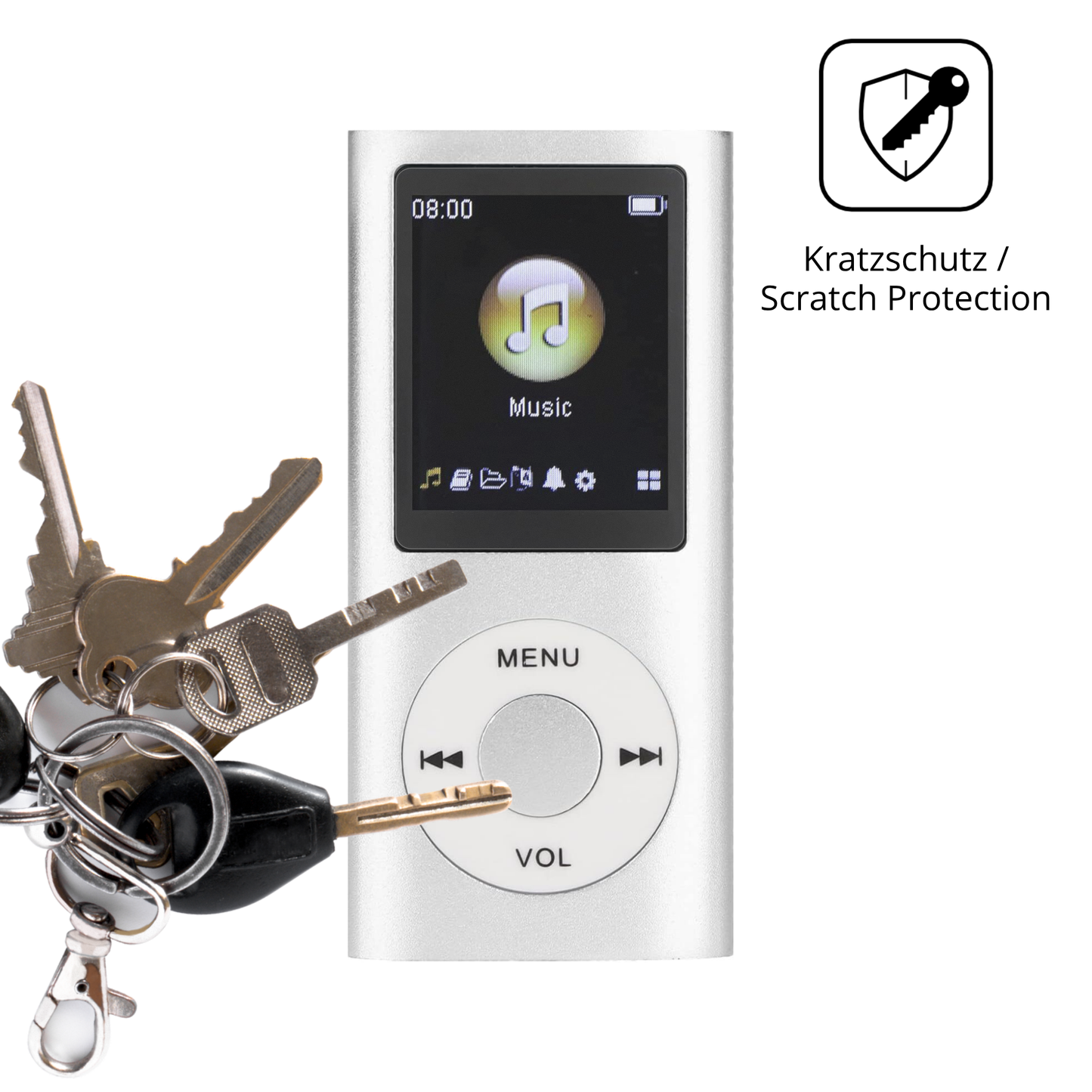 Schutz gegen Kratzer auf dem ciciglow MP3-Player Glas durch Schlüssel oder Ähnliches