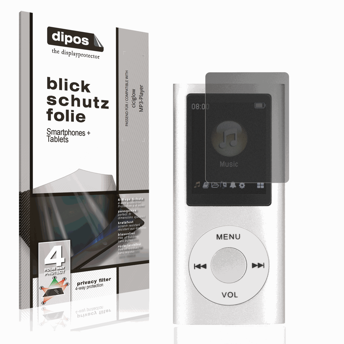 Blickschutzfolie von dipos passend für ciciglow MP3-Player, präziser Zuschnitt und blasenfrei montiert